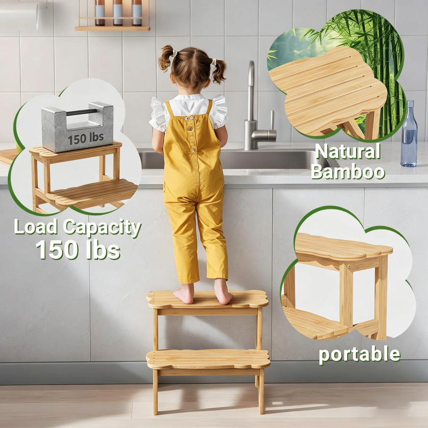 COSYLAND Bamboo Step Stool, Two Step Stools Toddler 300 lbs Capacity with Safety Non-Slip Pads, Bamboo Step Stool for Bathroom, Kitchen Dual Height Step Stools for Kids (Natural) 🍁 All In One Marketplace Canada