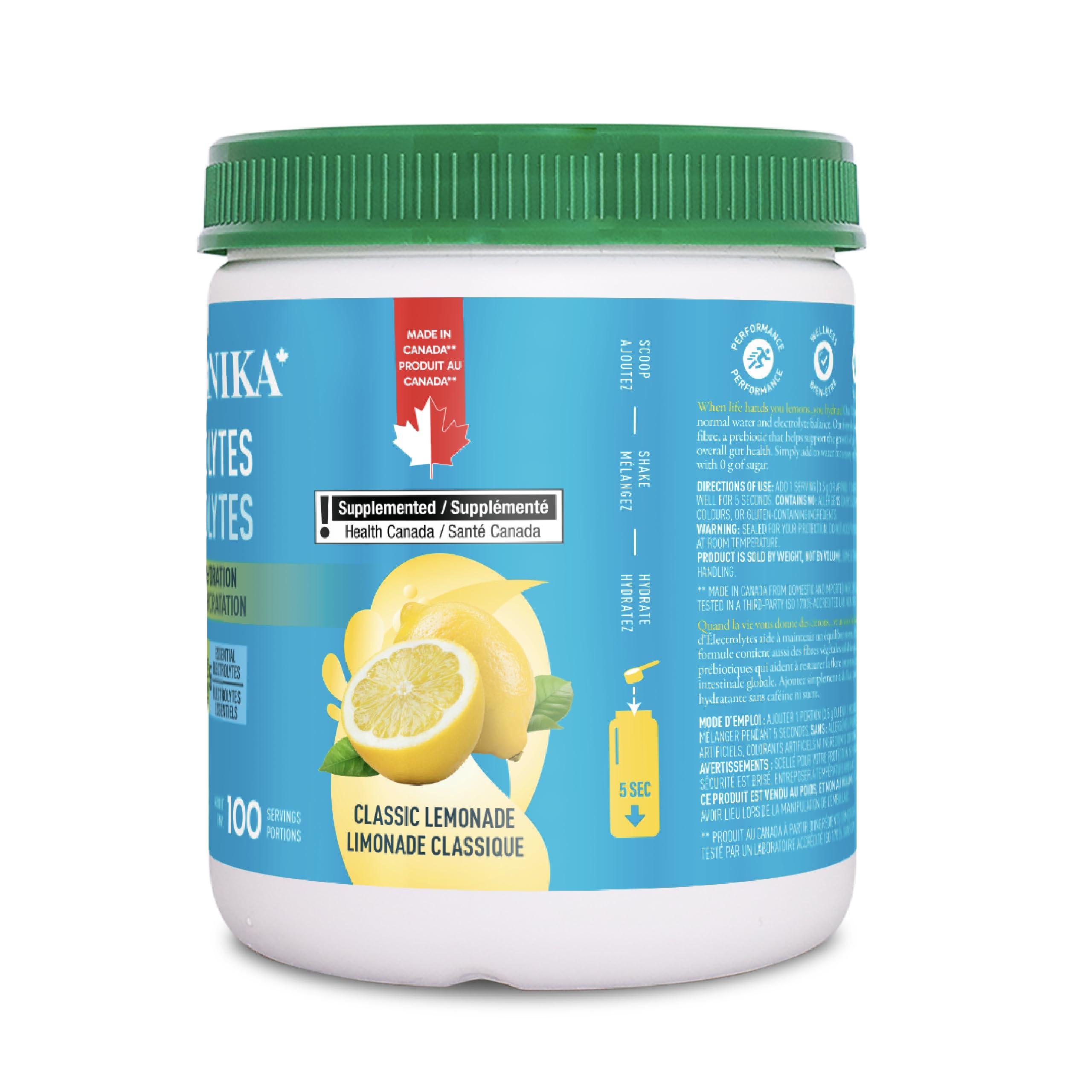 Organika Canadian-Made Electrolytes Powder with Vitamin C & Prebiotic Fibre - Sugar-Free Hydration Drink Mix - Classic Lemonade - 350 g - 100 servings 🍁 All In One Marketplace Canada