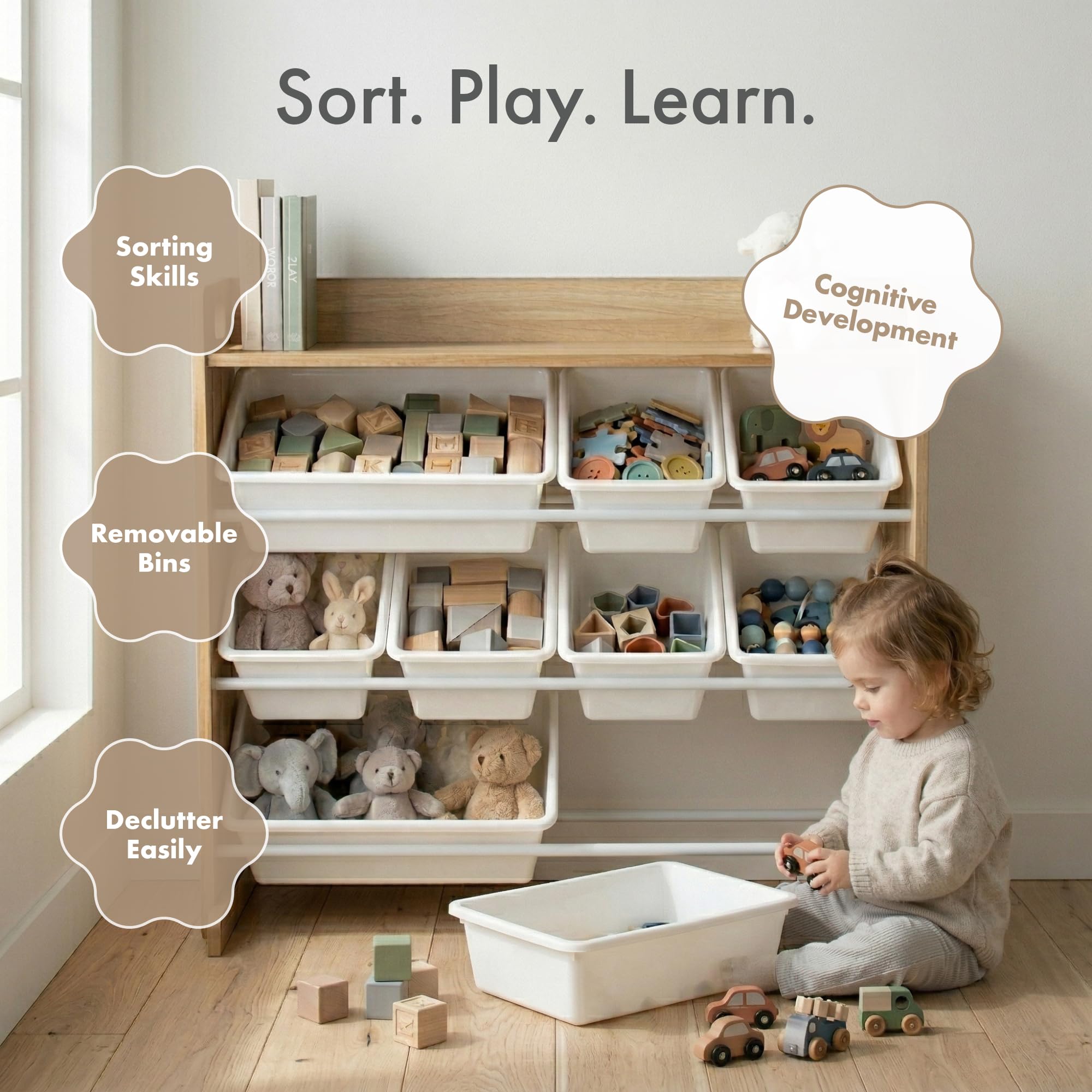 Humble Crew Toy Storage Organizer with Top Shelf and 9 Removable Bins, Natural/White – Toddler Bookshelf with Toy Organizer - Modern Toy Rack Ideal for Kids' Rooms, Playrooms, and Nurseries 🍁 All In One Marketplace Canada