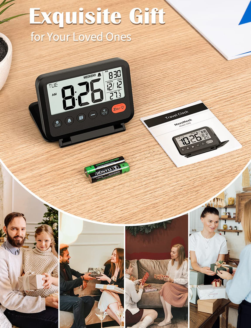 MeesMeek Digital Travel Alarm Clock: Small Bedside LCD Clock with Date Temperature Snooze Backlight 12/24H Weekend Mode and 2 Volume, Desk Clock for Kids Office Bedroom, Battery Included (Black) 🍁 All In One Marketplace Canada