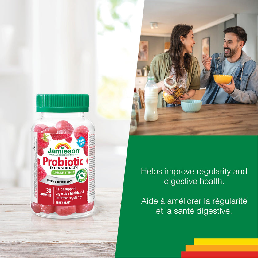 Jamieson Extra Strength Probiotic. 30 Gummies. 5 Billion CFU, Berry Blast Flavour, Improves Digestive Health, and Supports a Healthy Microbiome, No Artificial Colours, Flavours, or Preservatives 🍁 All In One Marketplace Canada