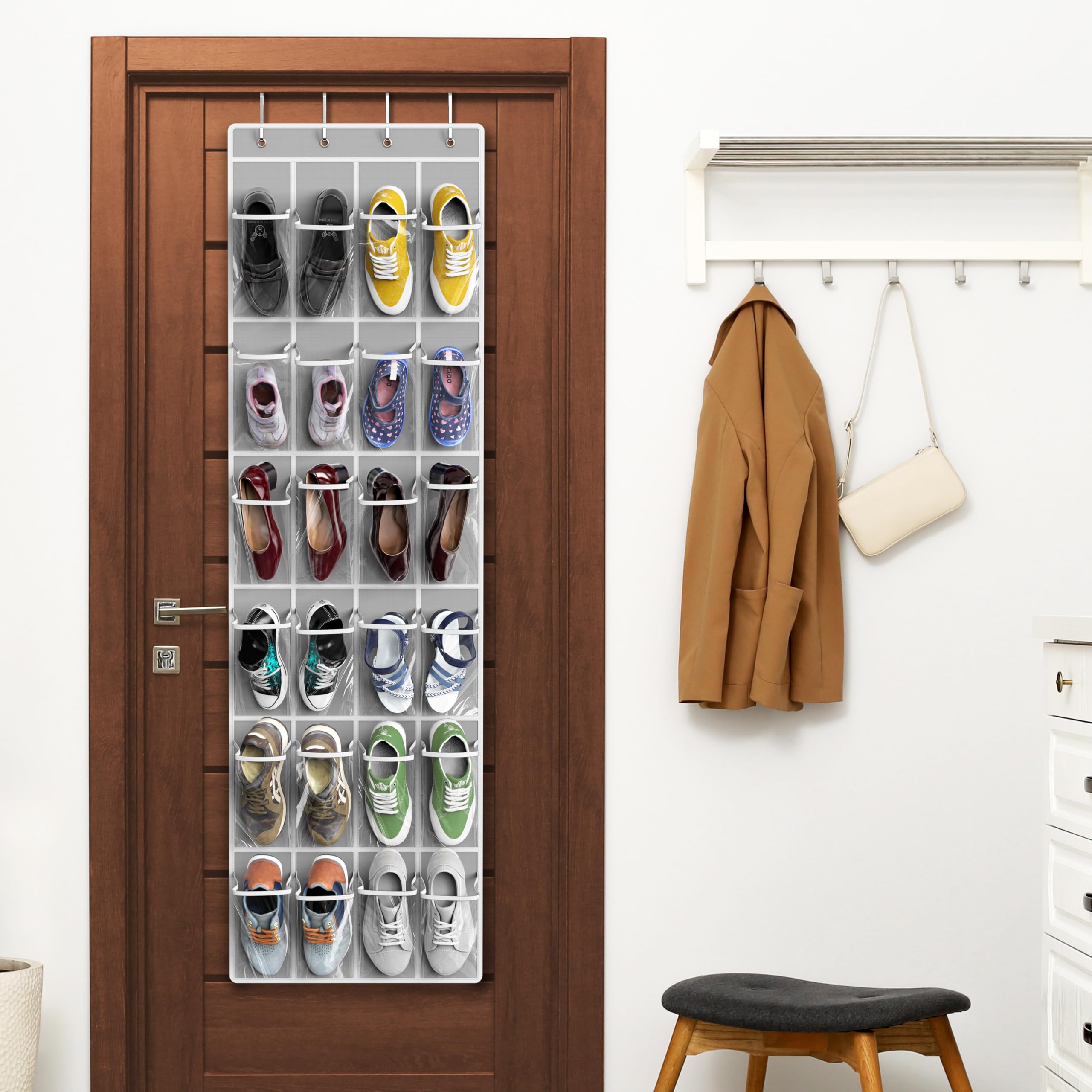 SimpleHouseware Crystal Clear Over The Door Hanging Shoe Organizer, 24 Pockets, Grey (162.6 cm H x 48.6 cm W) 🍁 All In One Marketplace Canada