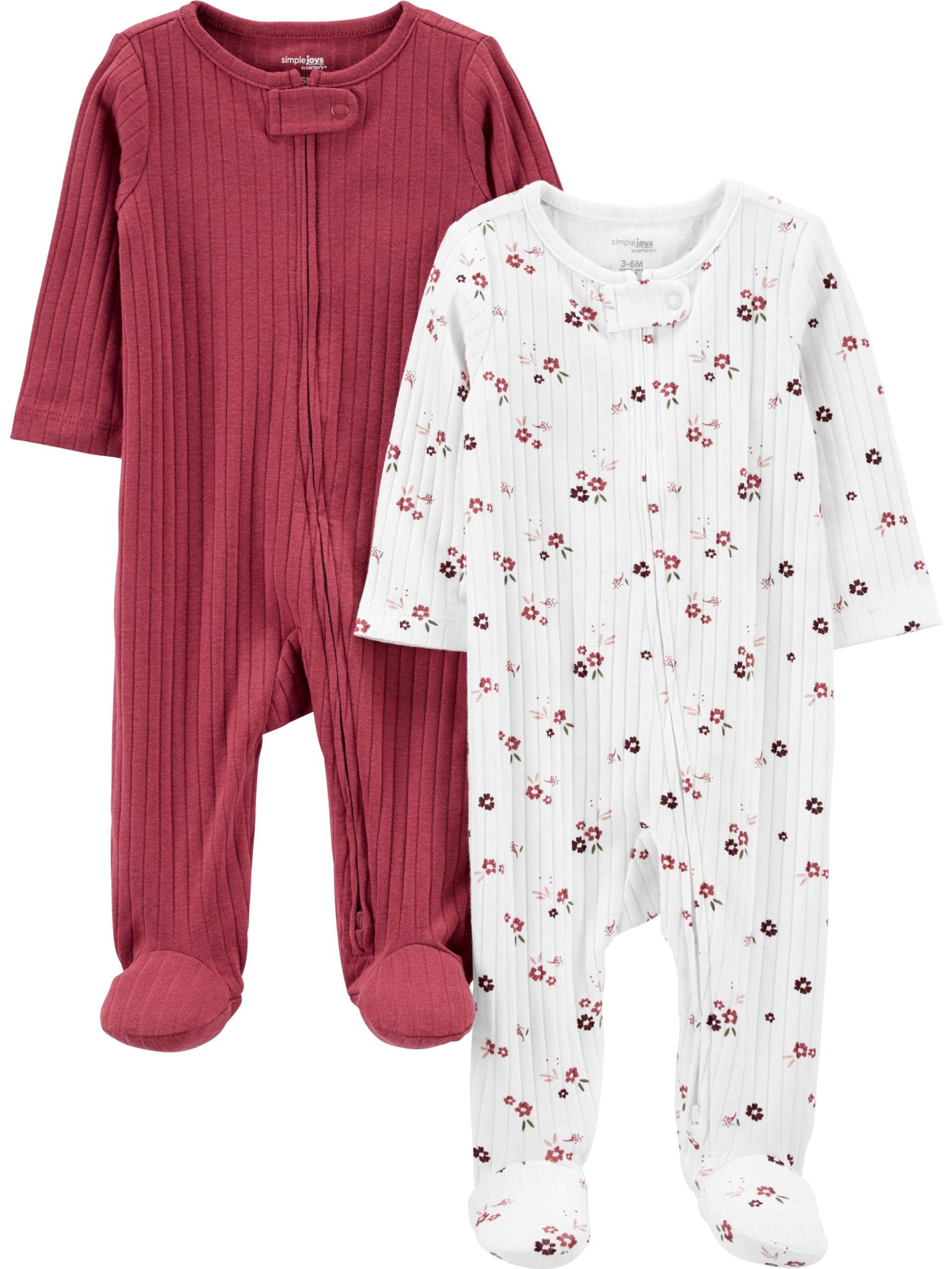 Simple Joys by Carter's Unisex Baby 2-Pack 2-Way Zip Textured Sleep and Play, Light Burgundy/Pink Floral, 0-3 Months 🍁 All In One Marketplace Canada