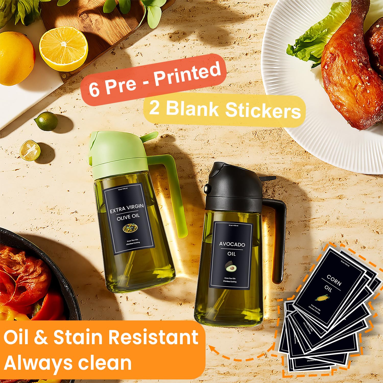 CXINYI 16oz/470ml Olive Oil Dispenser Bottle with Stickers - 2 in 1 Olive Oil Spray Bottle, Air Fryer & Salad, Light-Proof Glass Kitchen Gadgets, Black&Green 🍁 All In One Marketplace Canada