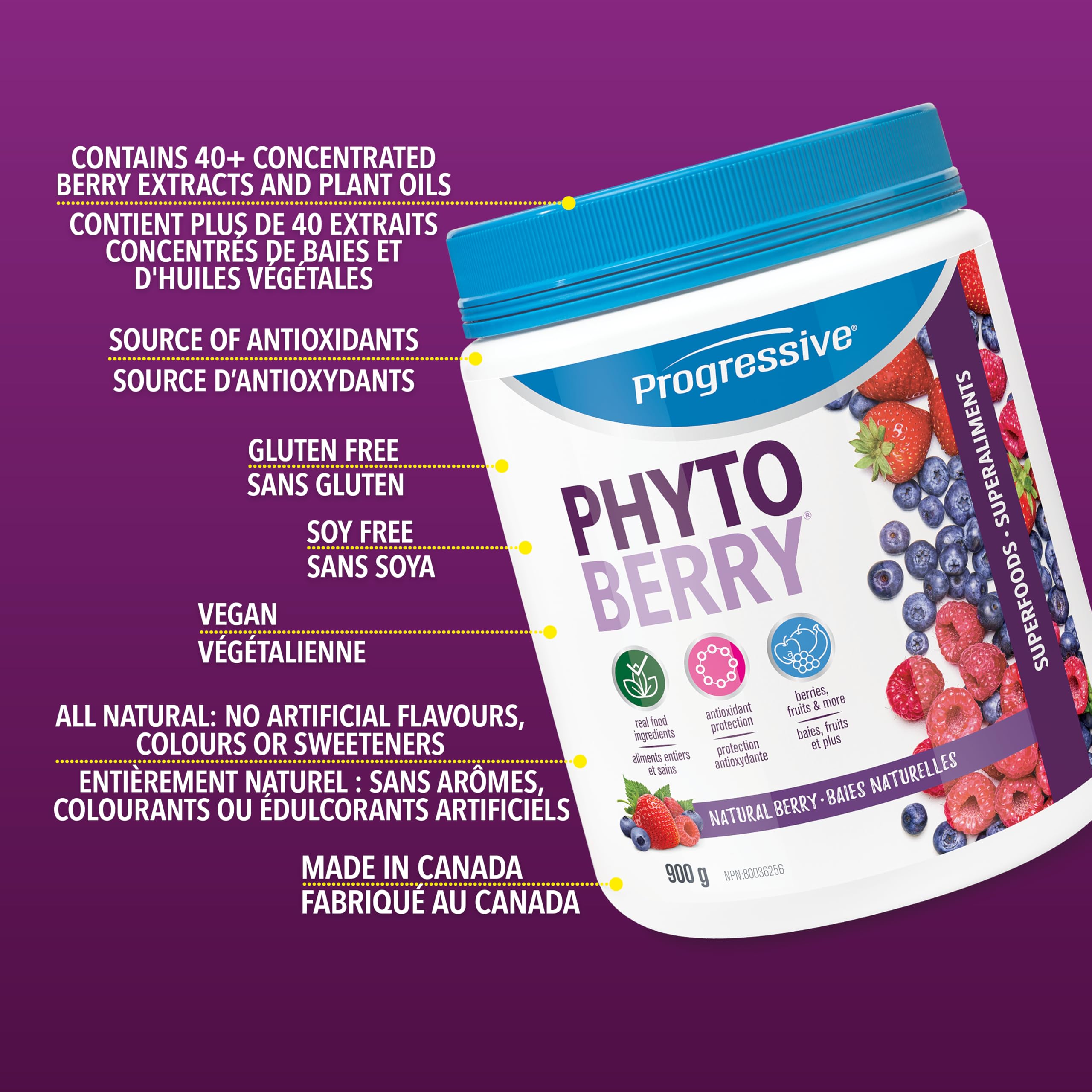 Progressive PhytoBerry Antioxidant Superfood Powder Natural Berry Flavour, Canadian-Made with 40 Fruit Concentrates, Phytonutrients, and Plant Oils for Complete Free-Radical Defence, Vegan, Gluten-Free, and All Natural, 900 g