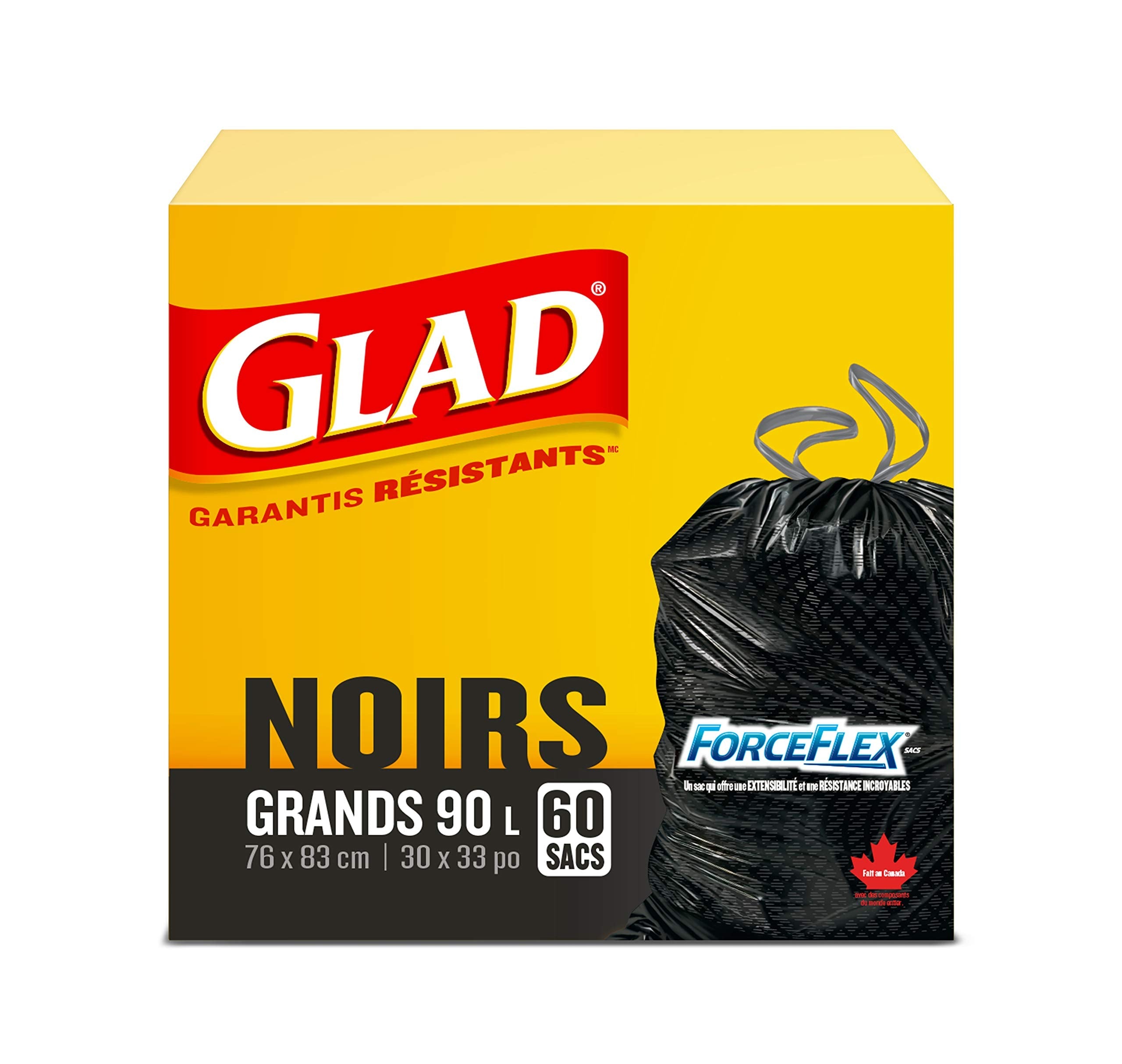 Glad Black Garbage Bags - Large 90 Litres - ForceFlex Drawstring, 60 Trash Bags, Made in Canada of Global Components 🍁 All In One Marketplace Canada