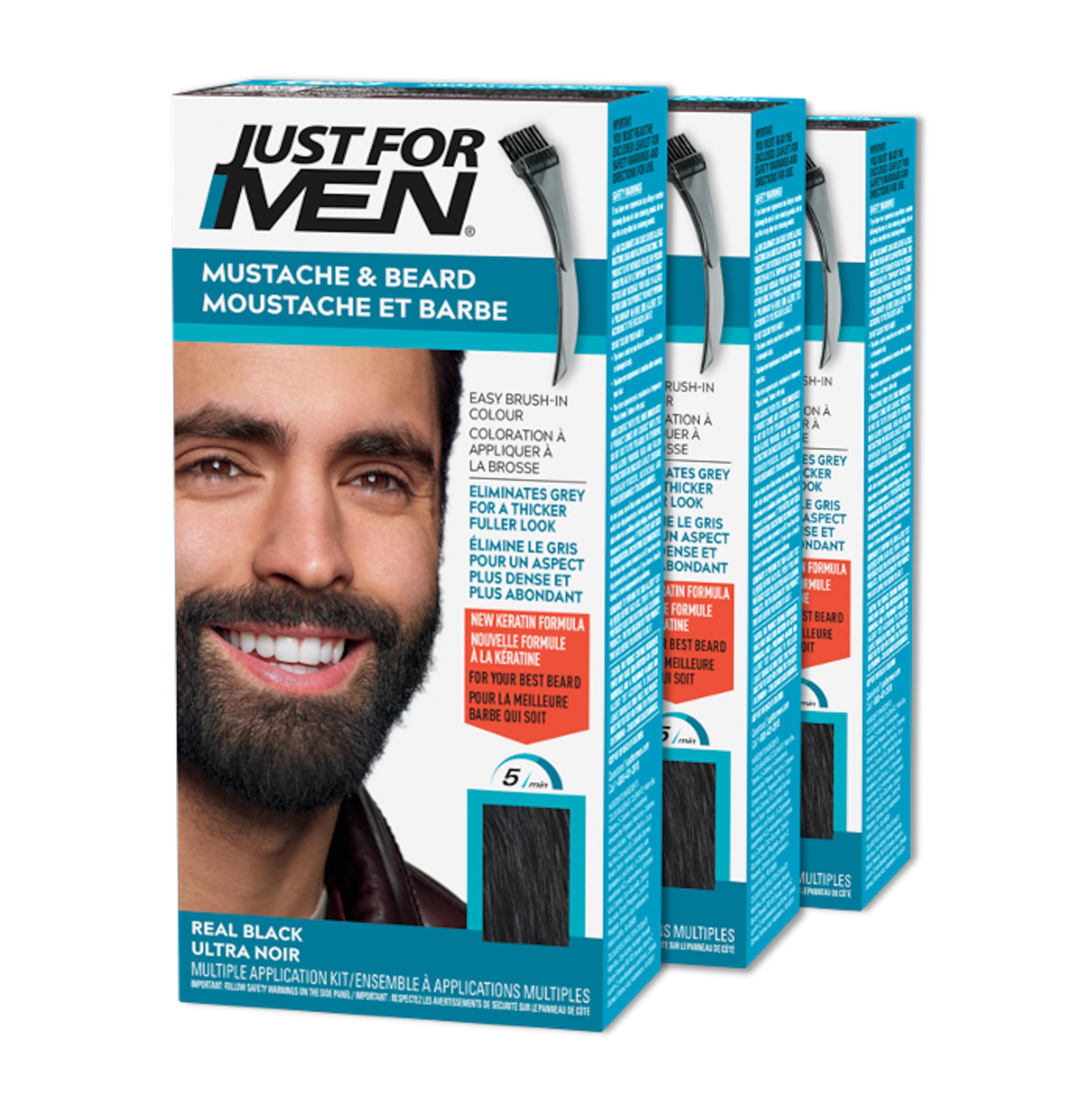 Just For Men Mustache & Beard, Beard Dye for Men with Brush Included for Easy Application, With Biotin Aloe and Coconut Oil for Healthy Facial Hair, Real Black, M-55 (3 Count) 🍁 All In One Marketplace Canada
