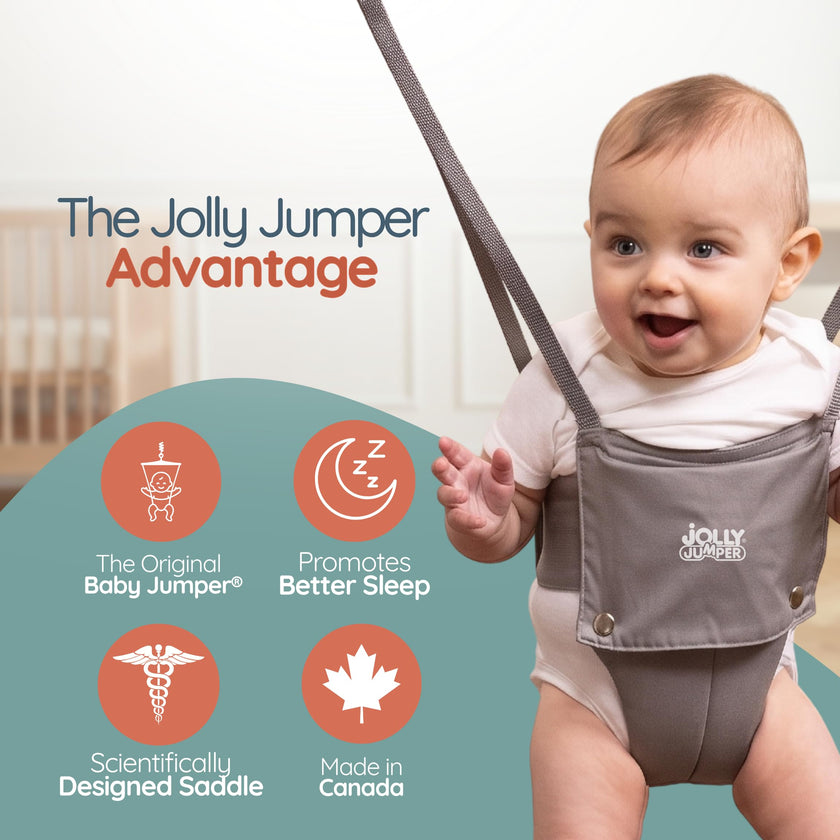 Jolly Jumper ICONIC Doorway Baby Jumper (Grey), Indoor Exercise Saddle Seat, Adjustable Height, for Infants up to 28lbs, No Stand Required 🍁 All In One Marketplace Canada