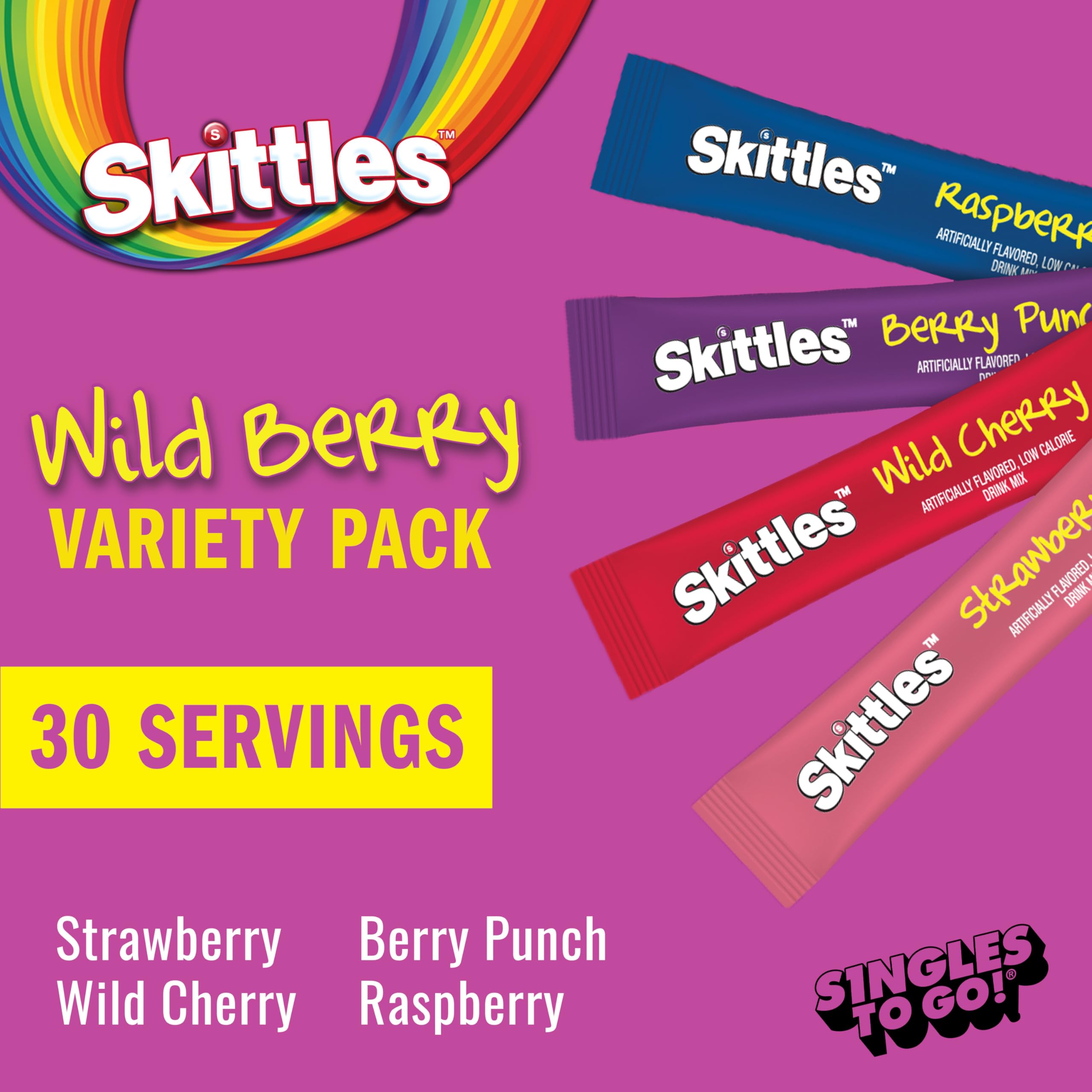 SINGLES TO GO! Skittles 30 Count Singles To Go Wild Berry Variety Pack, Powdered Drink Mix, Zero Sugar, Low Calorie, Includes 4 Flavors, Total Servings 🍁 All In One Marketplace Canada