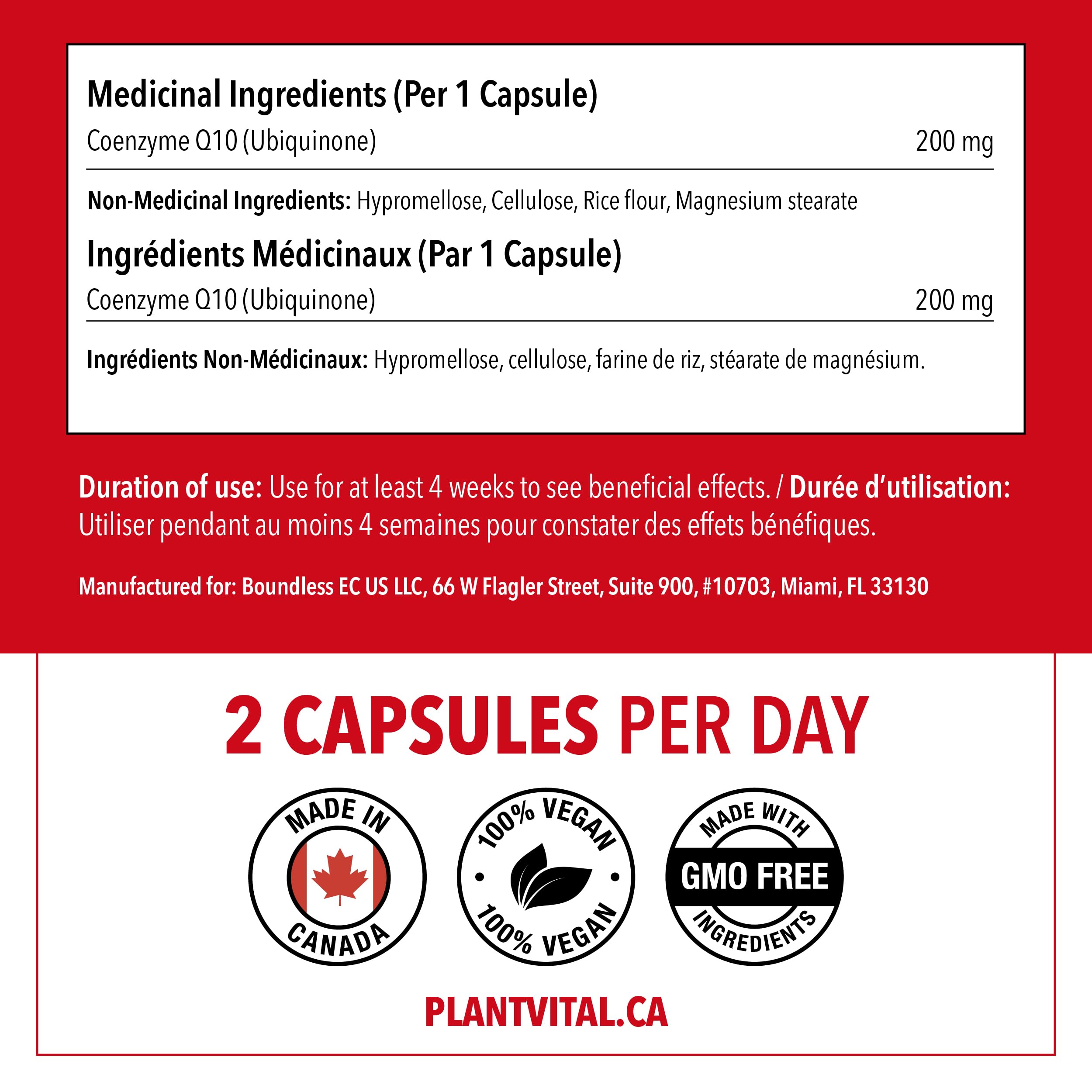 PlantVital Coenzyme Q10 - Made in Canada - 400mg (2 capsule per day) - CoQ10 Supplement - Support Cardiovascular Health - High-Potency - Helps Reduce Migraine Frequency - 45 Days Supply - 90 Capsules 🍁 All In One Marketplace Canada