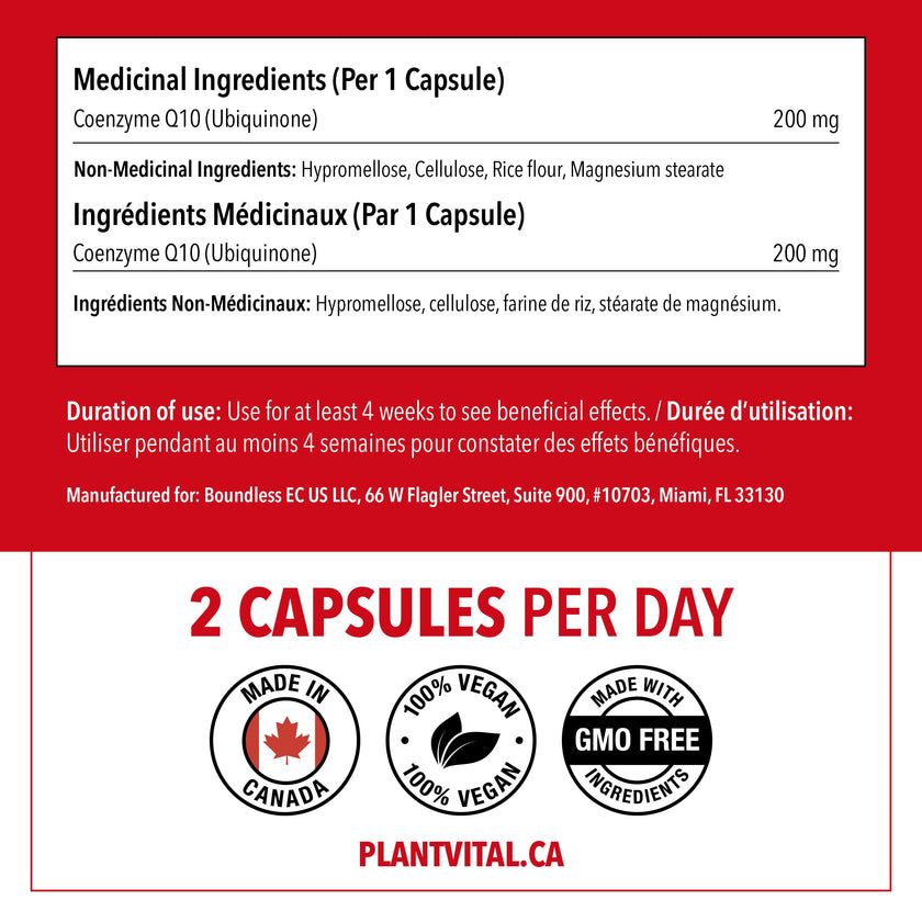 PlantVital Coenzyme Q10 - Made in Canada - 400mg (2 capsule per day) - CoQ10 Supplement - Support Cardiovascular Health - High-Potency - Helps Reduce Migraine Frequency - 45 Days Supply - 90 Capsules 🍁 All In One Marketplace Canada