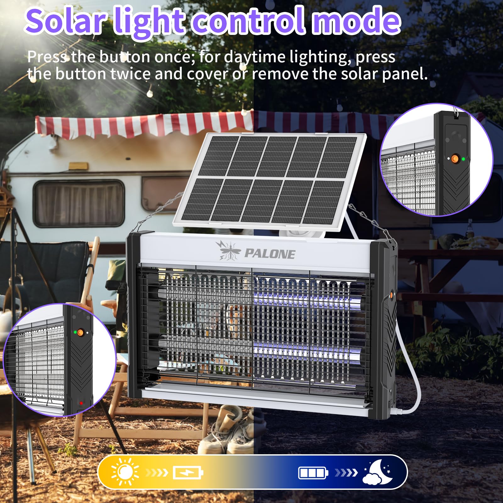 PALONE Solar Bug Zapper, 4000V Electric Bug Zapper with 8W Solar Panel, Rechargeable Bug Zapper with LED Light, Fly Zapper with Fireproof Waterproof, Indoor Outdoor Zapper for Kitchen,Camping,Patio 🍁 All In One Marketplace Canada