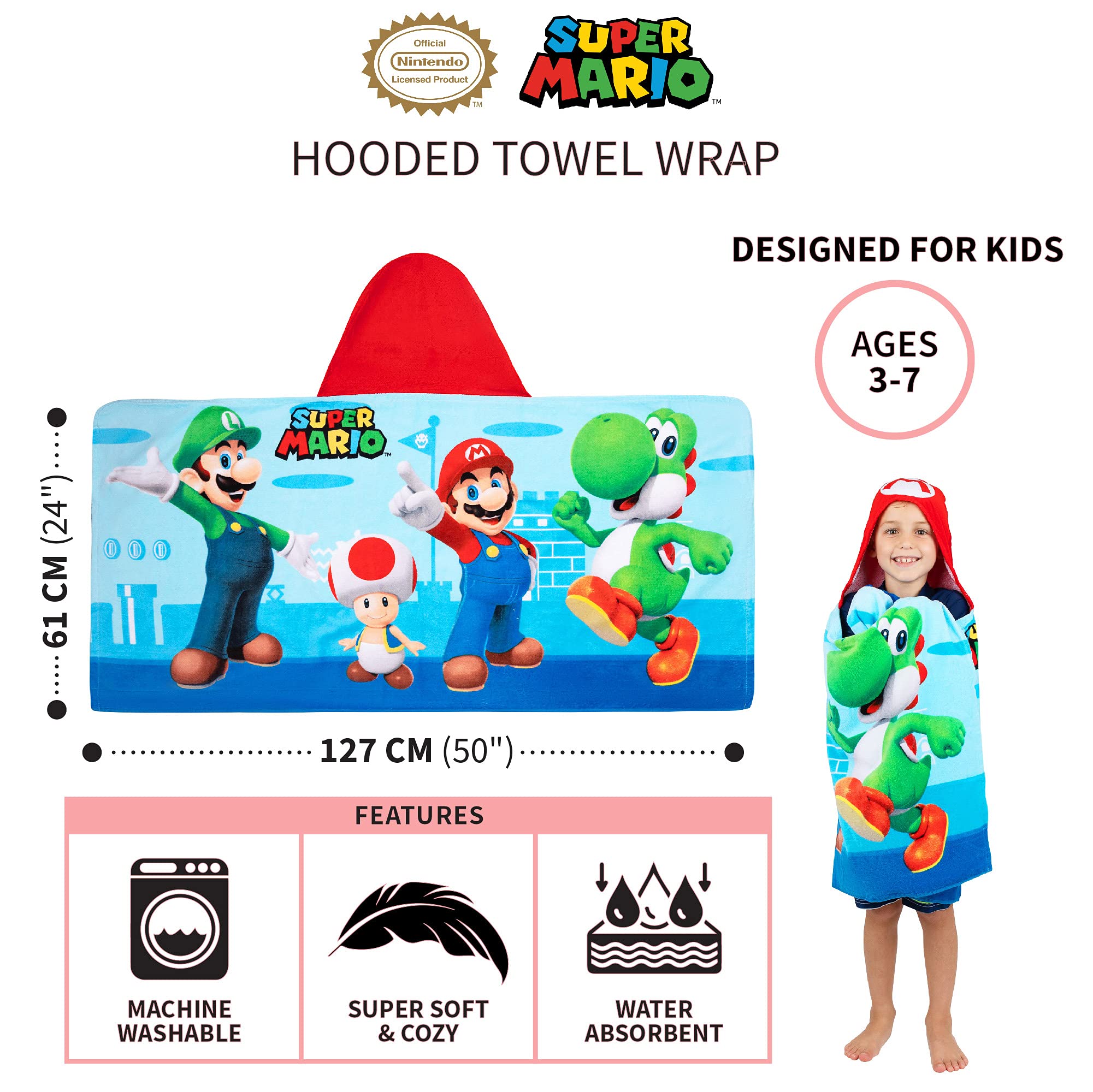 Franco Kids Bath and Beach Super Soft Cotton Hooded Towel Wrap, 24 in x 50 in, Super Mario 🍁 All In One Marketplace Canada