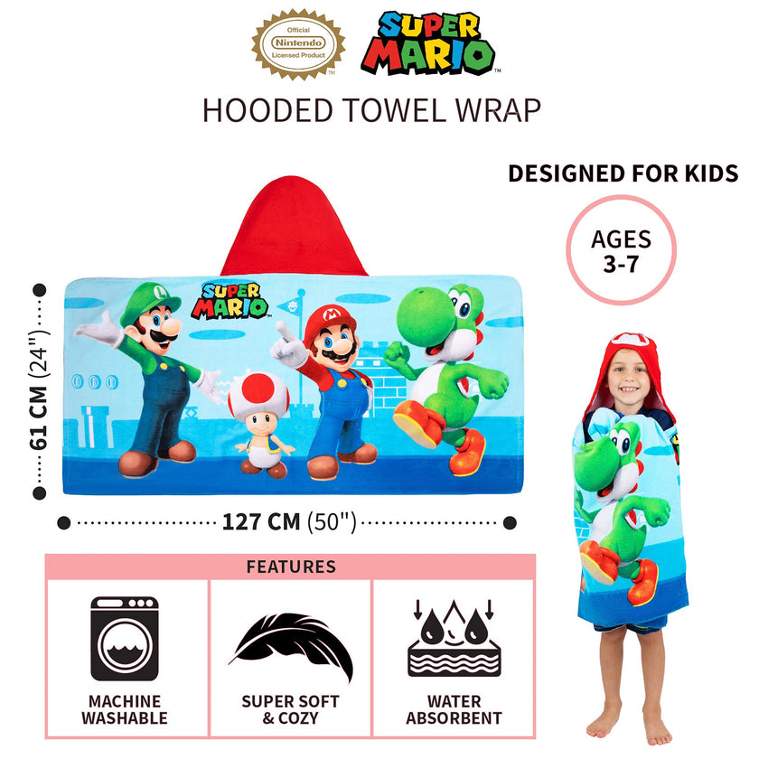Franco Kids Bath and Beach Super Soft Cotton Hooded Towel Wrap, 24 in x 50 in, Super Mario 🍁 All In One Marketplace Canada