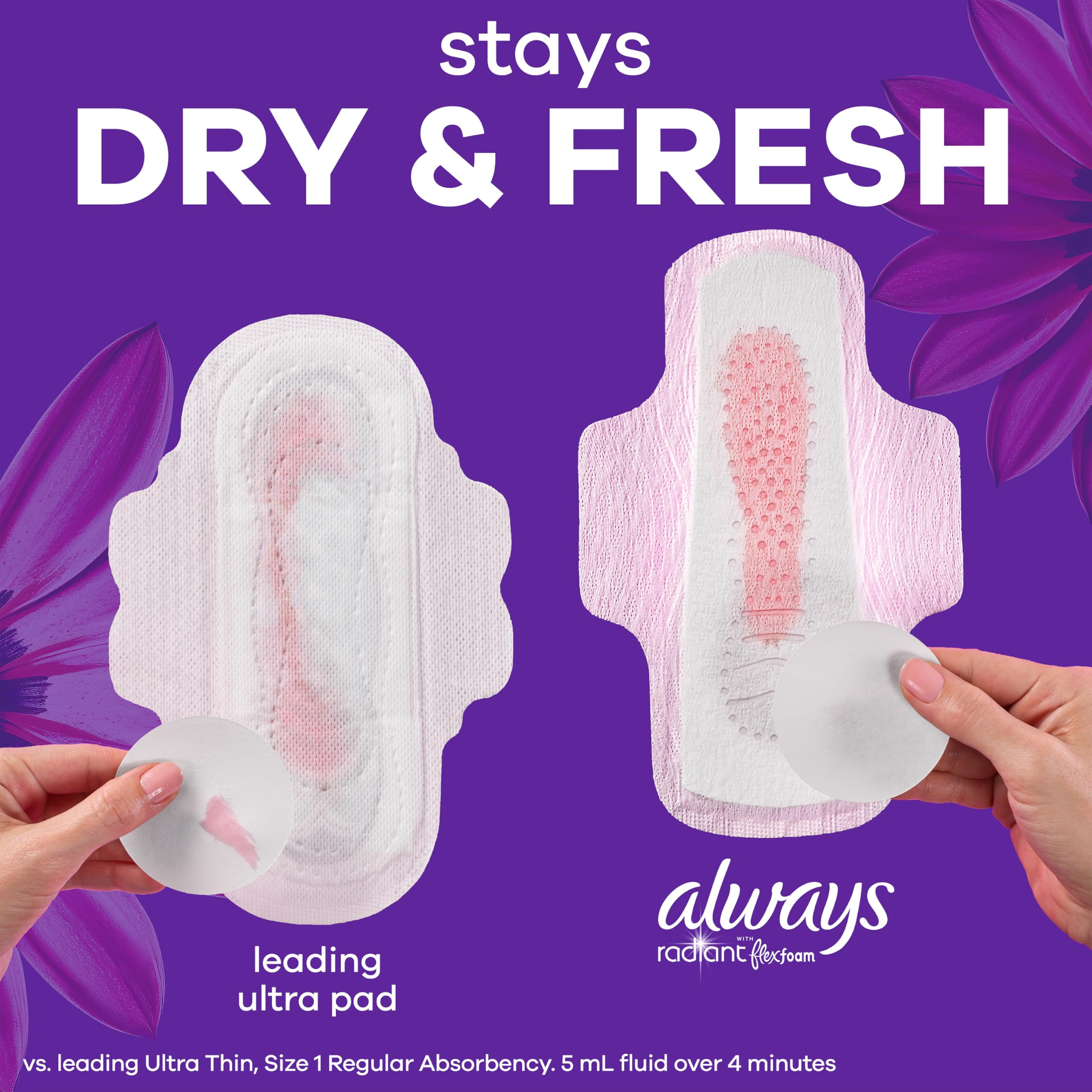 Always Radiant with FlexFoam Pads, Size 5, Extra Heavy Overnight Absorbency, with Wings, Lightly Scented, Up to ZERO leaks, ZERO feel, ZERO odor, 54 Count 🍁 All In One Marketplace Canada