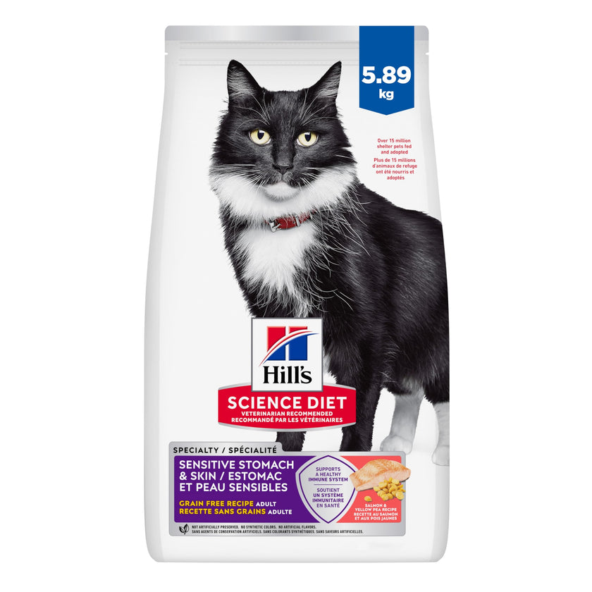 Hill's Science Diet Sensitive Stomach & Skin, Adult 1-6, Stomach & Skin Sensitivity Support, Dry Cat Food, Grain Free Salmon & Yellow Peas, 13 lb Bag 🍁 All In One Marketplace Canada