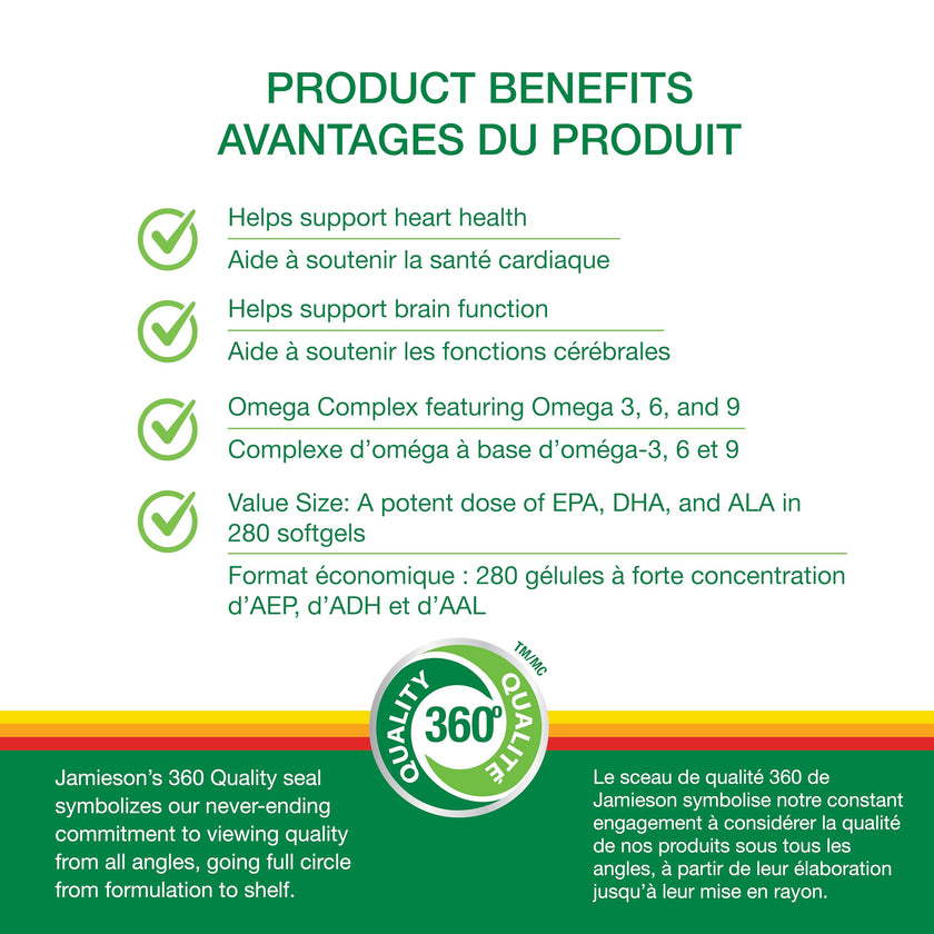 Jamieson Omega 3-6-9 Softgels, Value Size, with Fish Oil, Borage Oil, Flaxseed Oil, Providing EPA, DHA, and ALA. Supports Heart and Brain Health, 280 Count, Proudly Canadian 🍁 All In One Marketplace Canada