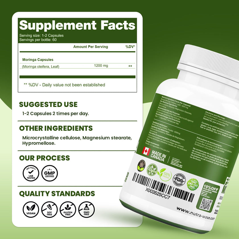 Nutrawave ORGANIC MORINGA LEAF Capsules 1200mg High Potency (2 x 600mg) – Gluten Free, Non-GMO, Vegan-Friendly Antioxidant Supplement -120 Capsules 🍁 All In One Marketplace Canada