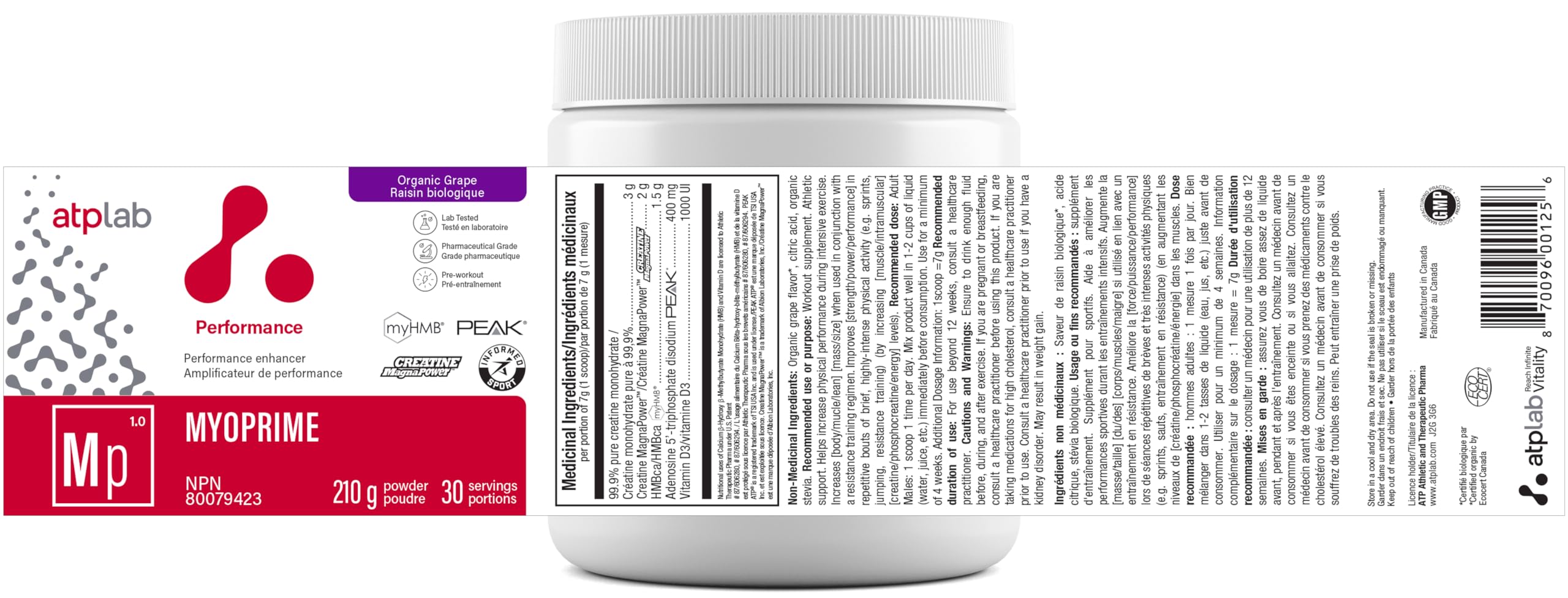 atplab Myoprime Creatine Monohydrate Powder, Creatine, Organic Grape, 210 g 🍁 All In One Marketplace Canada