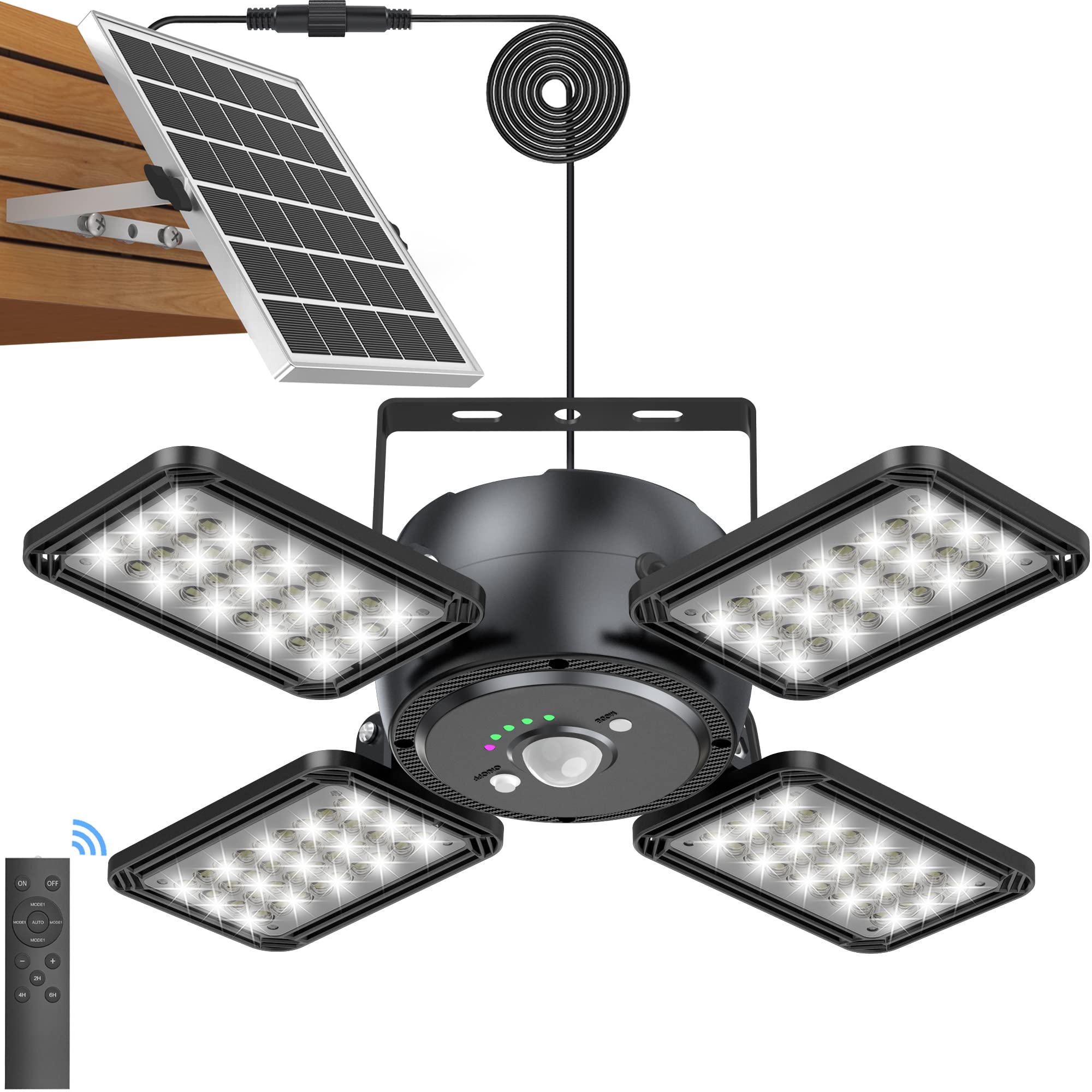 Solar Pendant Light Outdoor Indoor Solar Powered Motion Sensor Shed Light,144LED 1200LM Daytime Work Light with 5 Lighting Modes Remote Control 4 Heads Light for Garage Gazebo Barn 🍁 All In One Marketplace Canada