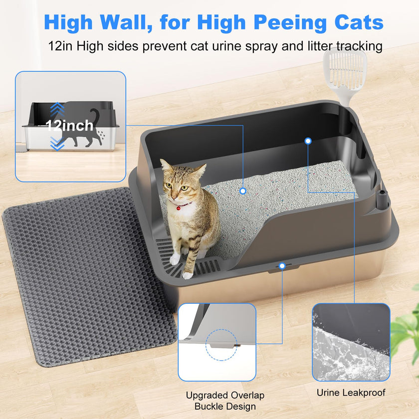 Stainless Steel Cat Litter Box with Lid, XL Litter Box for Big Cats, High Sided Metal Pan, Anti Leakage,Odor-Free & Easy Cleaning,Included Scoop &Trash Bag*2 & Mat & Sticker (Grey) 🍁 All In One Marketplace Canada