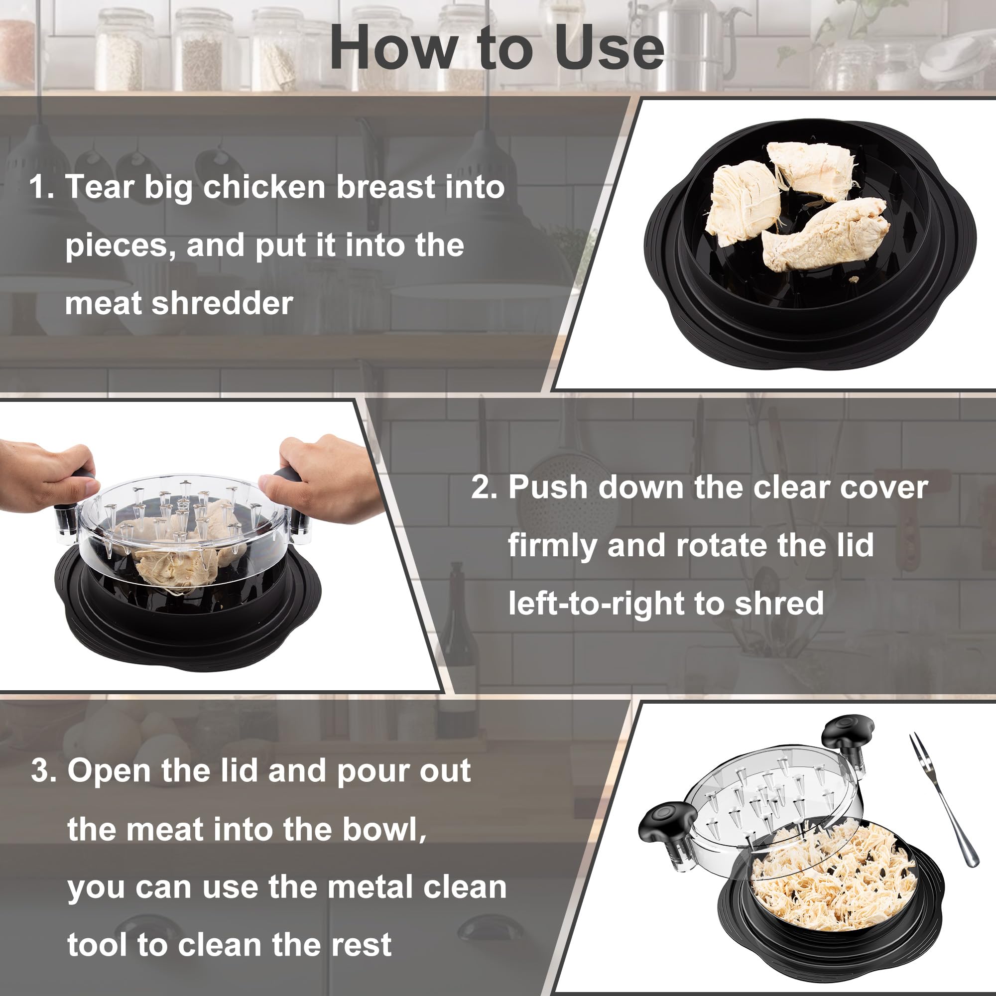 Chicken Shredder Tool Twist Large Chicken Breast Shredder with Brush&Fork, Visible Meat Shredder Machine, Strong Anti-Slip Strip, Ergonomic Handle, BPA Free, Suitable for Pork Beef Chicken (Black) 🍁 All In One Marketplace Canada