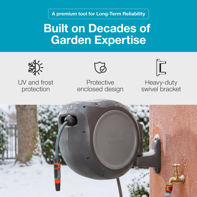 GARDENA 20505-80, 100 Foot Wall Mounted Retractable Reel with Hose Guide, Automatic retraction for Easy Watering,1/2