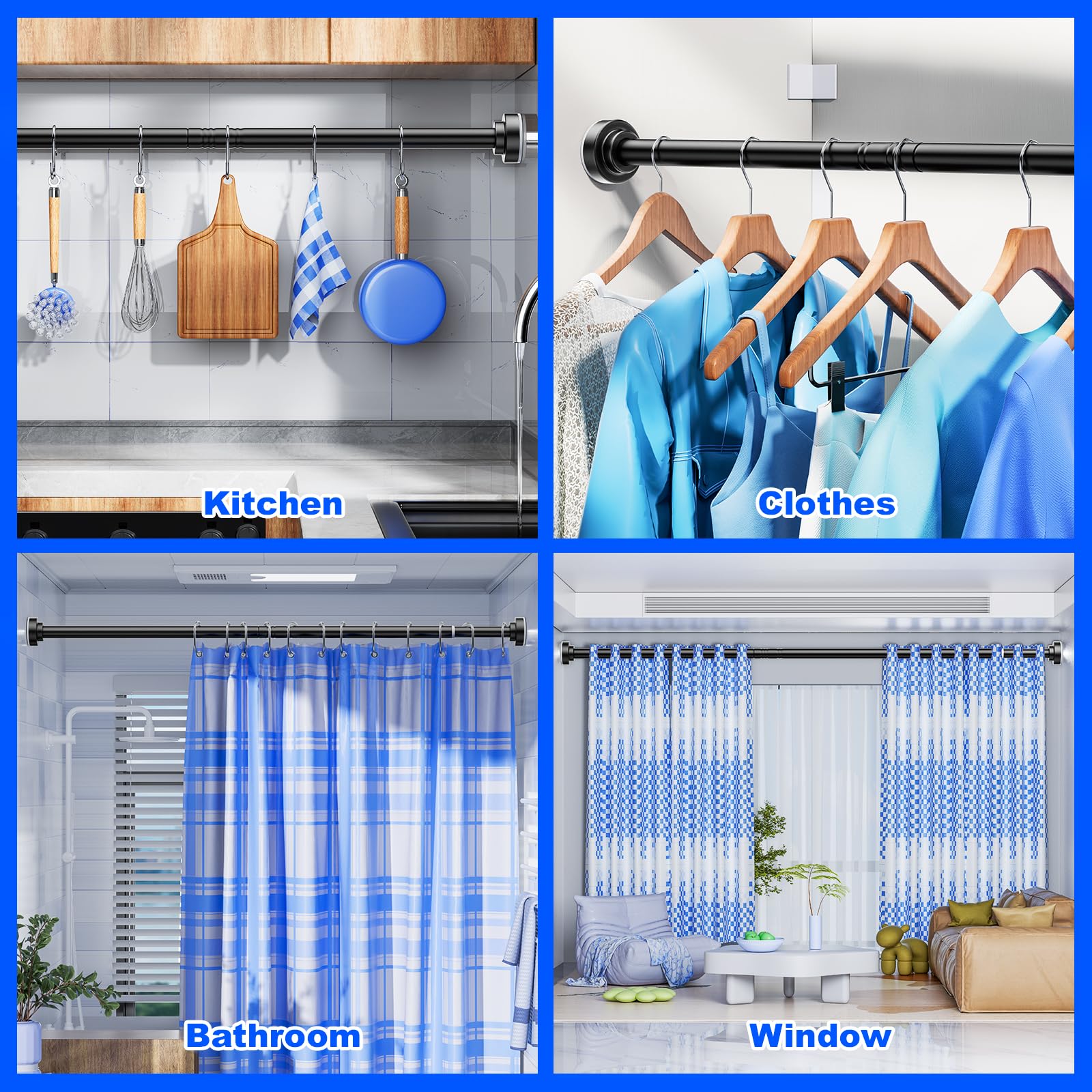 Ausemku Shower Curtain Rod Tension - 32-80 Inch Never Rust Non-Slip Spring Tension Curtain Rod No Drilling Stainless Steel Curtain Rod Use Bathroom Kitchen（Black） 🍁 All In One Marketplace Canada