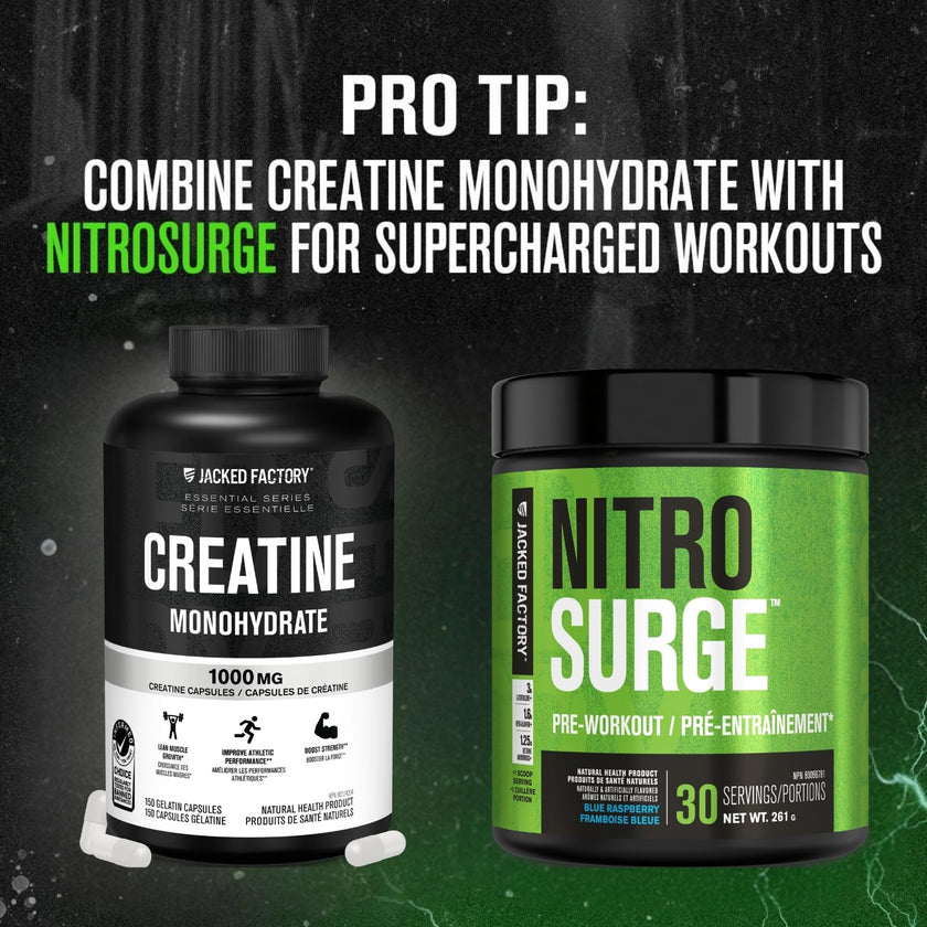Jacked Factory Creatine Monohydrate Capsules - Canadian-Owned Supplement for Muscle Growth, Increased Strength, Enhanced Energy Output, and Improved Athletic Performance - 150 Pills 🍁 All In One Marketplace Canada