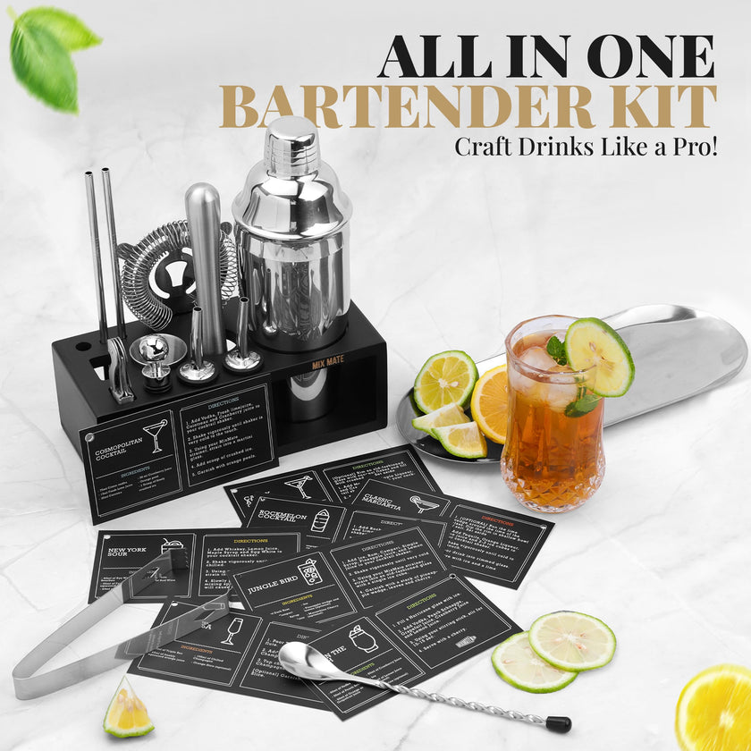 Mixology Bartender Kit with Stand | 15 Piece Bar Tool Set, Silver Bar Set Cocktail Shaker Set for Drink Mixing - Includes Martini Shaker, Jigger, Strainer, Bar Mixer Spoon, Tongs | Gift Idea (Silver) 🍁 All In One Marketplace Canada