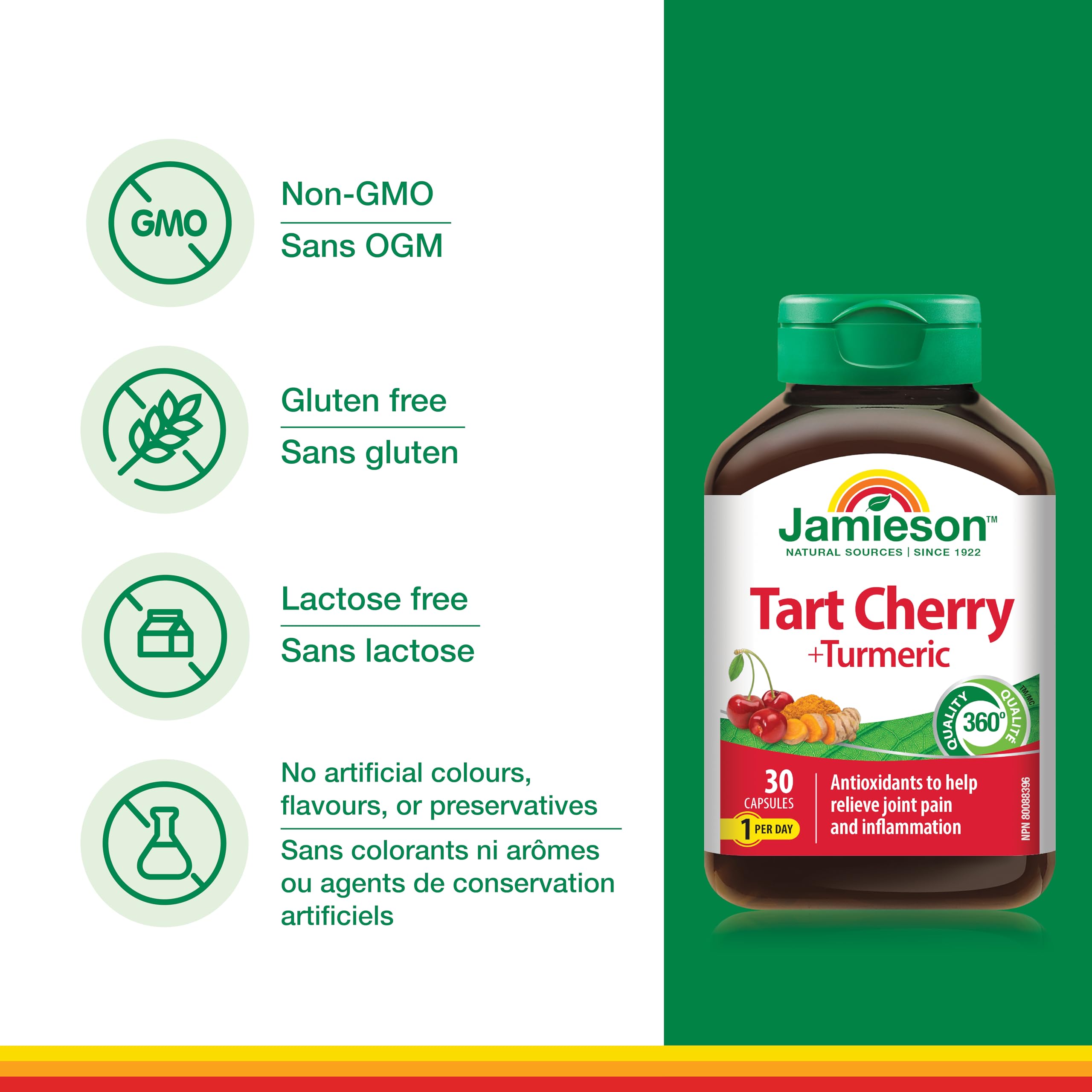 Jamieson Turmeric 100 mg with Tart Cherry 500 mg, Provides Natural Joint Pain Relief, Supports Inflammation, and Helps with Digestion. Non-GMO, 30 Vegetarian Capsules, Proudly Canadian 🍁 All In One Marketplace Canada