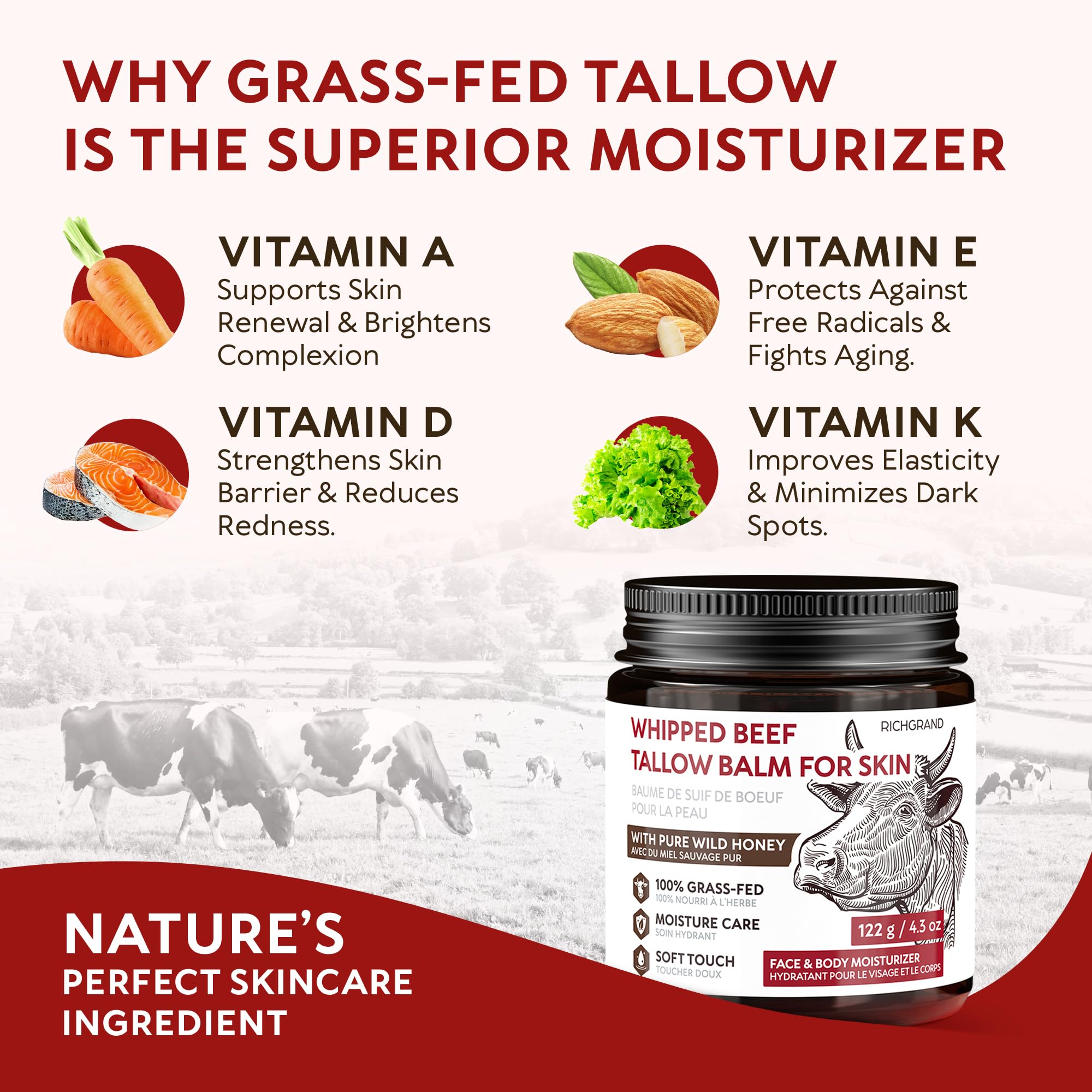 Beef Tallow Face Cream, Whipped Tallow and Honey Balm for Face and Body, Grass Fed Natural Skincare Moisturizer for Dry and Sensitive Skin, Hydrating Body Butter 🍁 All In One Marketplace Canada