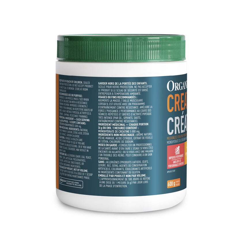 Organika Canadian-Made Creatine Powder- Peach Mango- Pure Micronized Creatine Monohydrate - Helps Build Lean Muscle, Increase Strength, and Improved Recovery and Performance for Men and Women - 600g 🍁 All In One Marketplace Canada