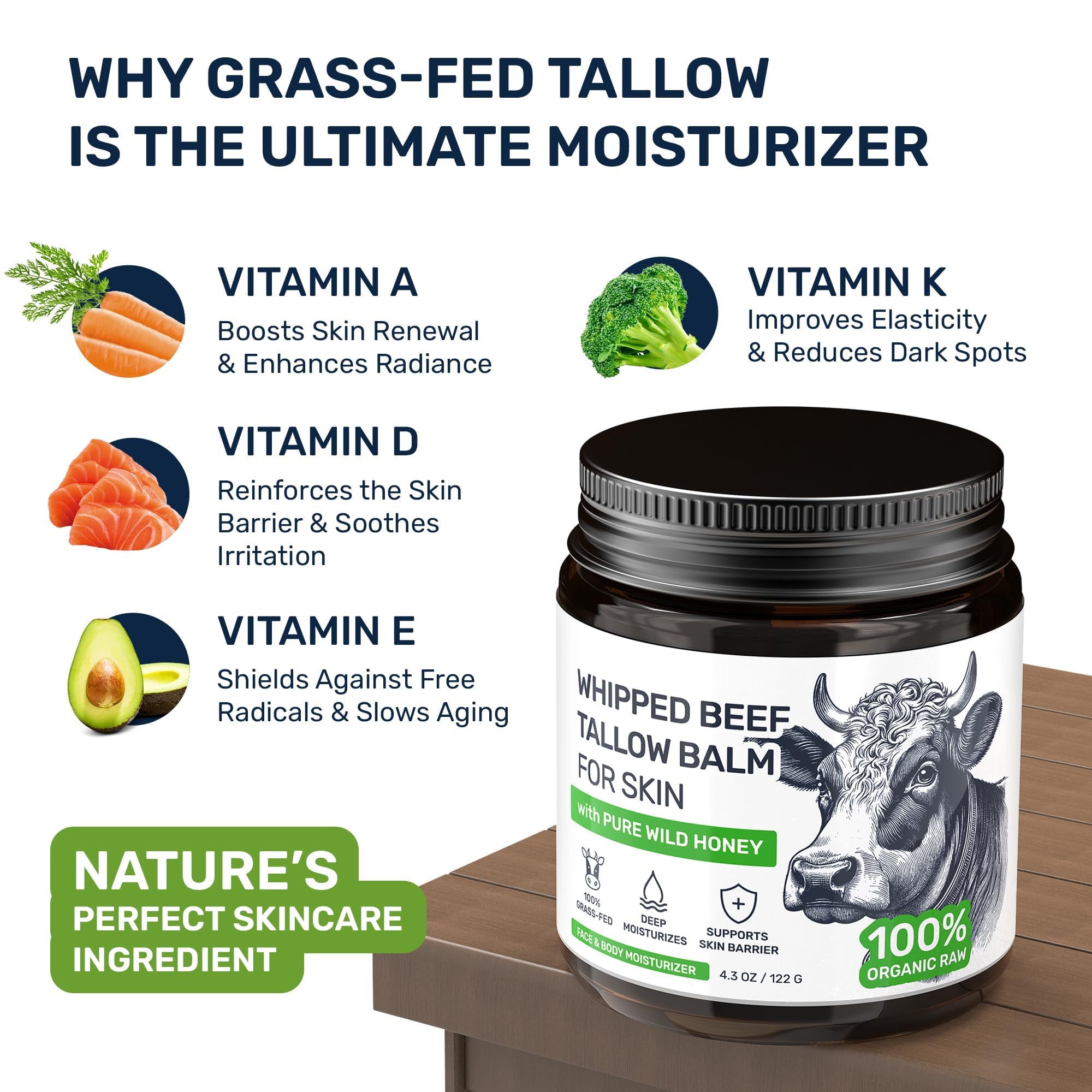 Beef Tallow Face Cream – Grass Fed Whipped Tallow and Honey Balm for Skin, Body Moisturizer with Beeswax and Wild Honey, 3-Ingredient Fragrance Free Non Comedogenic Skincare for Dry Sensitive Skin 🍁 All In One Marketplace Canada