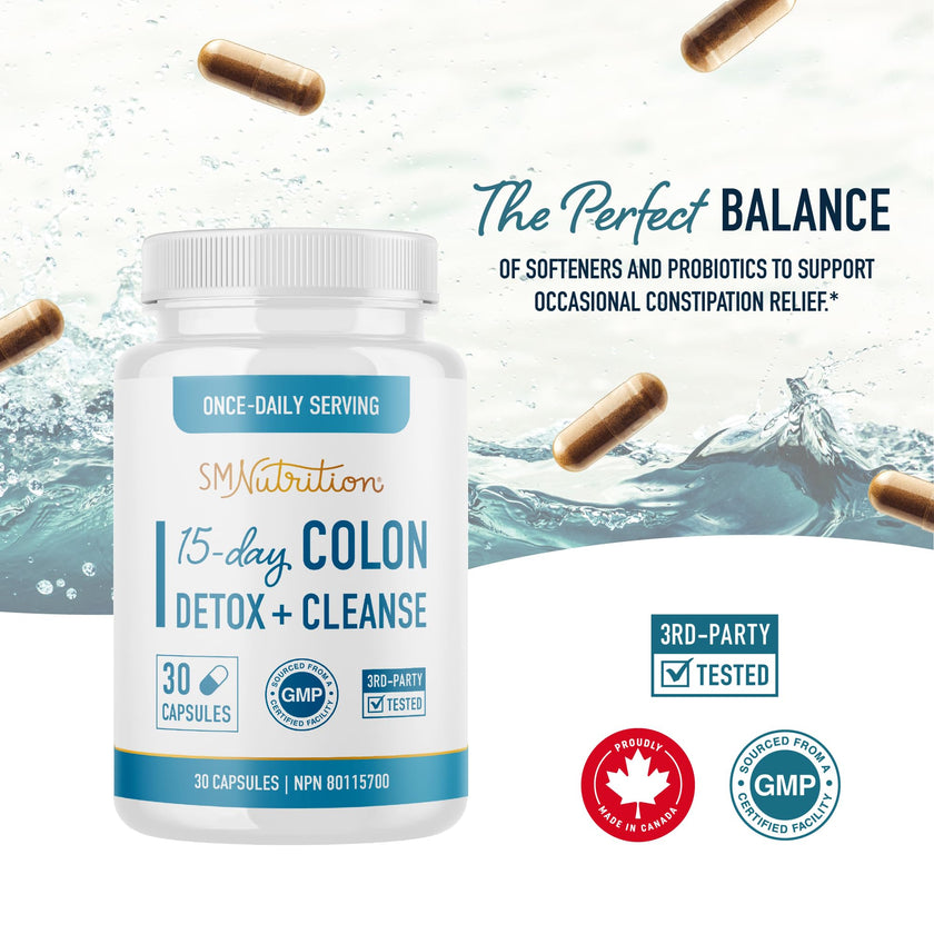 15 Day Colon Cleanse & Detox | Stool Softener & Constipation Relief for Adults | Gut Health Support | Colon Detox Cleanse With Probiotics for Women & Men | Gluten-Free | By SM Nutrition | 30 Capsules 🍁 All In One Marketplace Canada