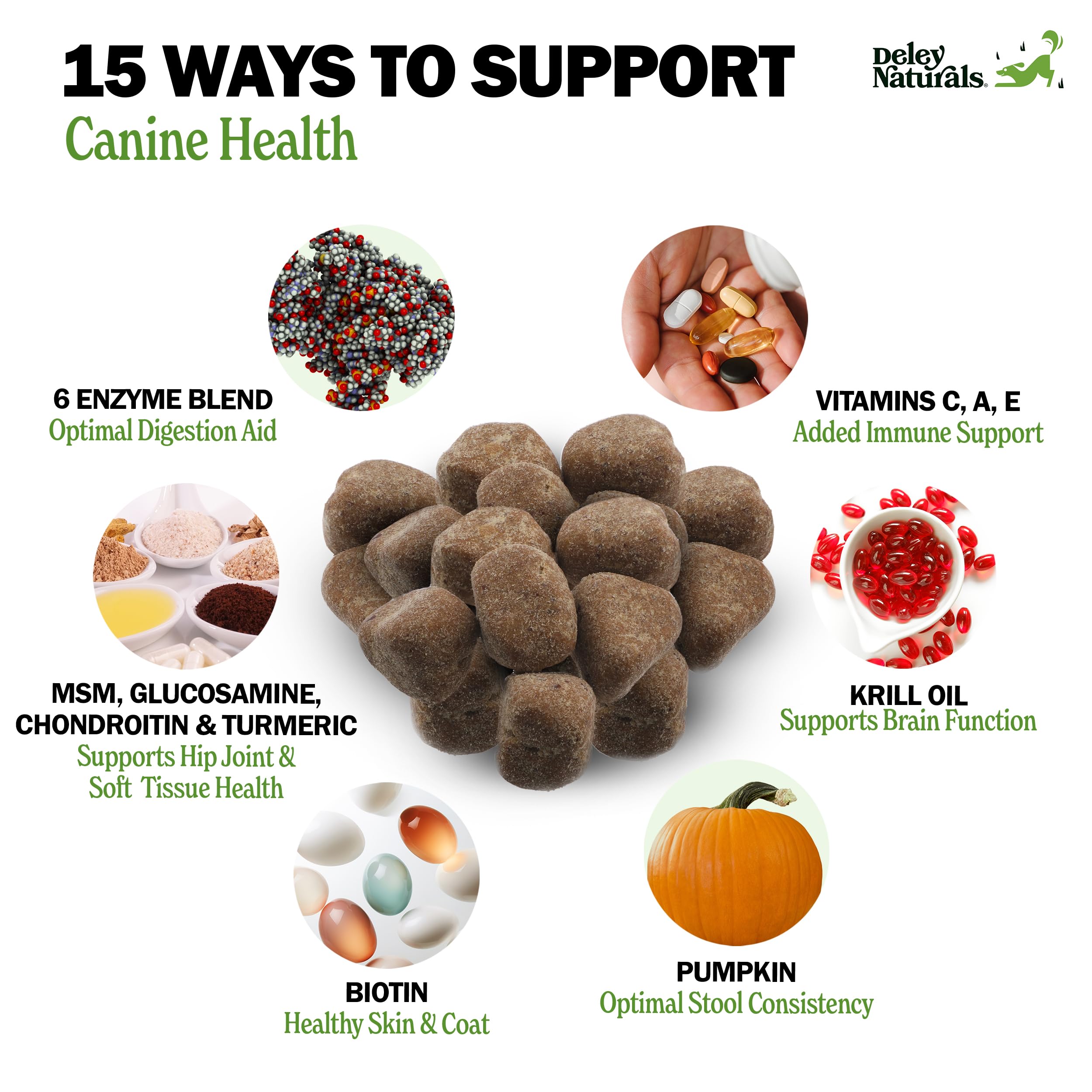 Deley Naturals Dog Multivitamins Chewable - 15 in 1 Dog Vitamins and Supplements for Immune System, Skin, Joint Support & Digestion - Multivitamin with MSM, Glucosamine & Chondroitin for All Ages 🍁 All In One Marketplace Canada