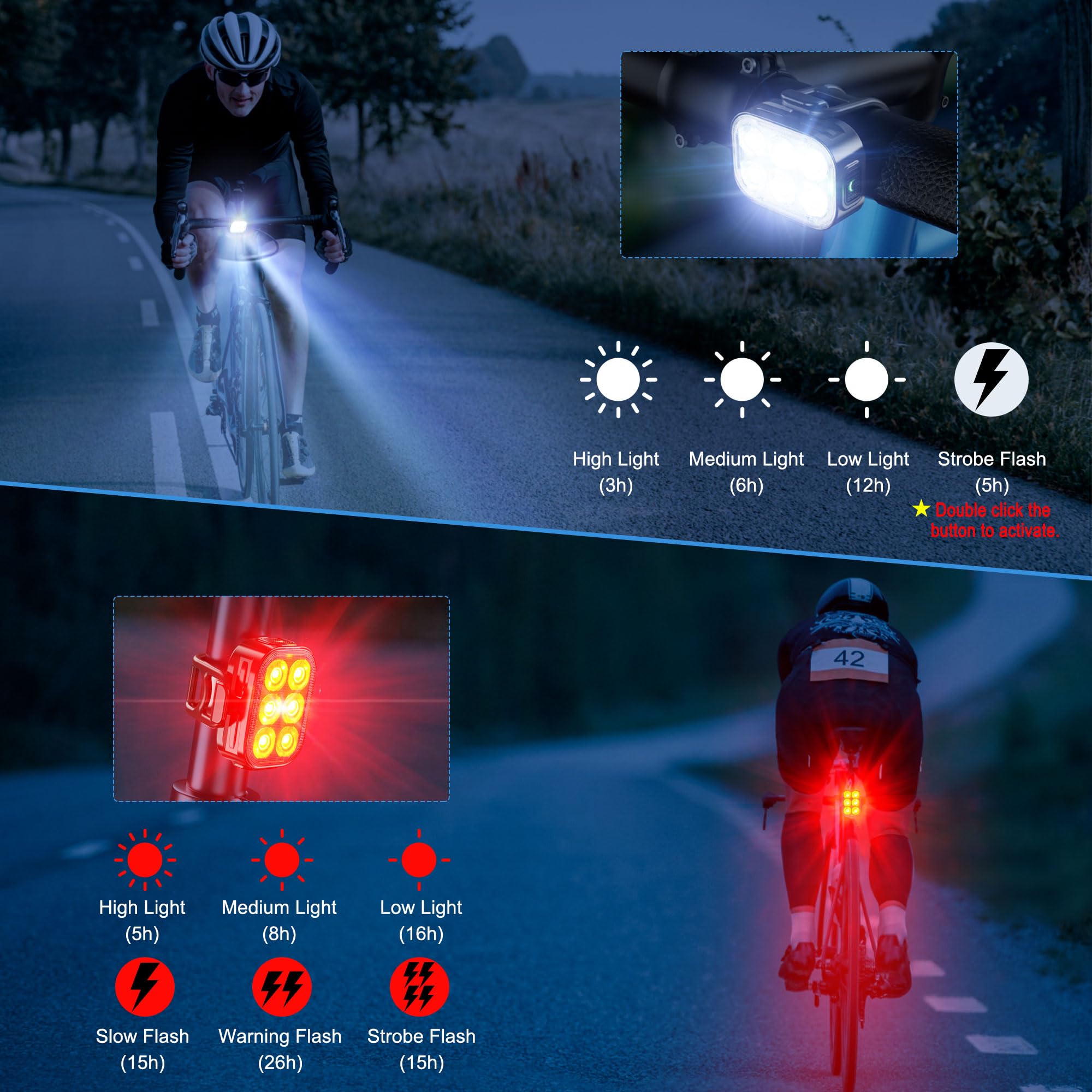 Bike Lights, Combination of Bike Front Light and Tail Light, IP65 Waterproof USB Charging, Equipped with 6 Ultra-Bright LED Beads, 4+6 Lighting Modes, Suitable for Riding at Night 🍁 All In One Marketplace Canada