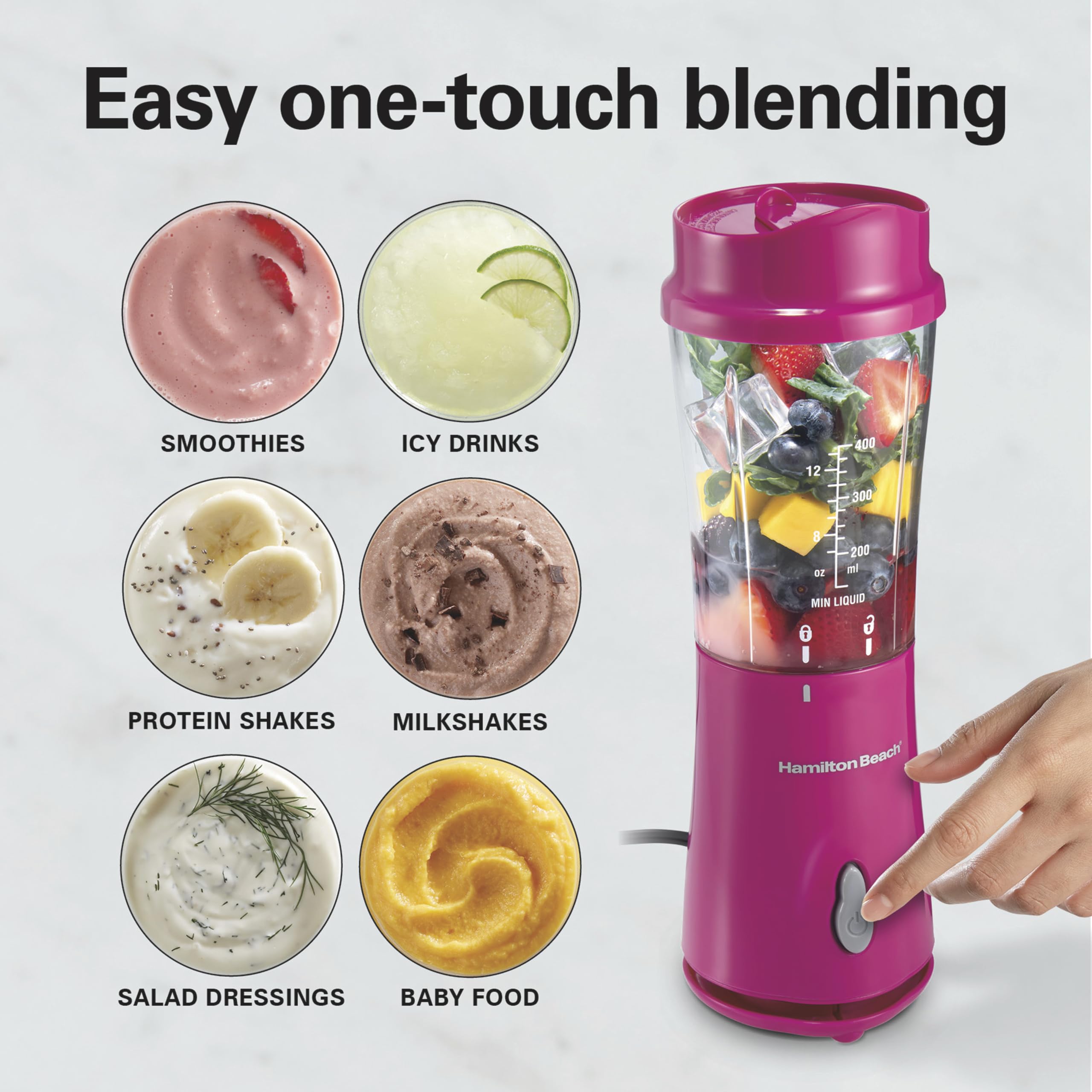 Hamilton Beach Personal Blender for Smoothies & Protein Shakes, Portable Single Serve Blender with Travel Lid, 14 oz BPA-Free Jar, 175W, Compact Countertop Blender, Raspberry, 51131G 🍁 All In One Marketplace Canada