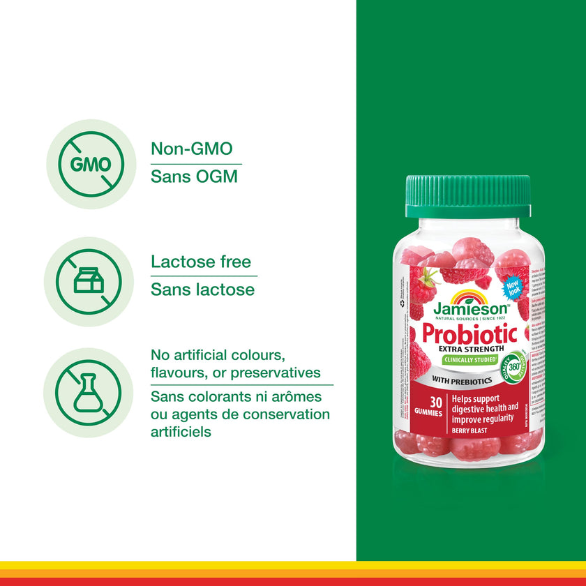 Jamieson Extra Strength Probiotic. 30 Gummies. 5 Billion CFU, Berry Blast Flavour, Improves Digestive Health, and Supports a Healthy Microbiome, No Artificial Colours, Flavours, or Preservatives 🍁 All In One Marketplace Canada