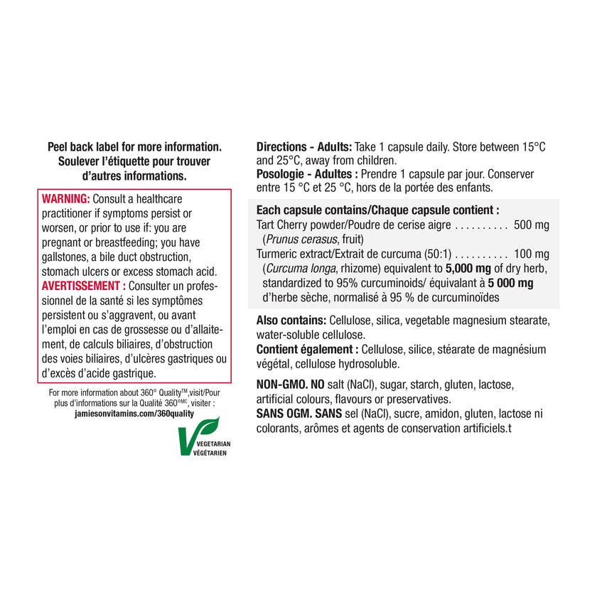 Jamieson Turmeric 100 mg with Tart Cherry 500 mg, Provides Natural Joint Pain Relief, Supports Inflammation, and Helps with Digestion. Non-GMO, 30 Vegetarian Capsules, Proudly Canadian 🍁 All In One Marketplace Canada