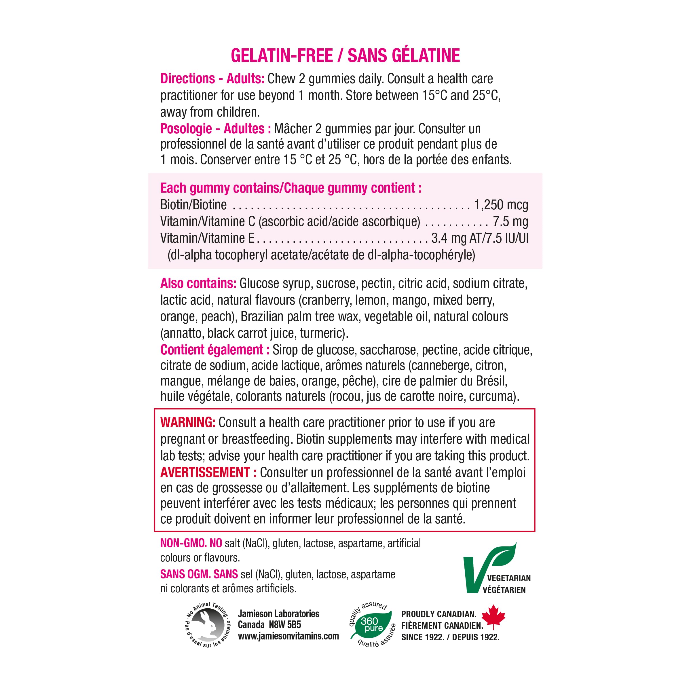 Jamieson High Potency Biotin Gummies with Vitamin C and Vitamin E, 100 Gummies, Mixed Flavours. Supports Thicker Hair, Healthier Skin, Stronger Nails. Gelatin-Free 🍁 All In One Marketplace Canada