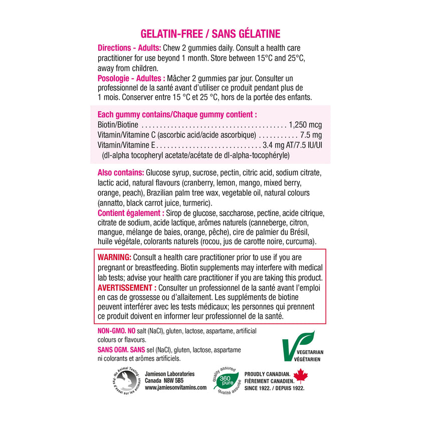 Jamieson High Potency Biotin Gummies with Vitamin C and Vitamin E, 100 Gummies, Mixed Flavours. Supports Thicker Hair, Healthier Skin, Stronger Nails. Gelatin-Free 🍁 All In One Marketplace Canada
