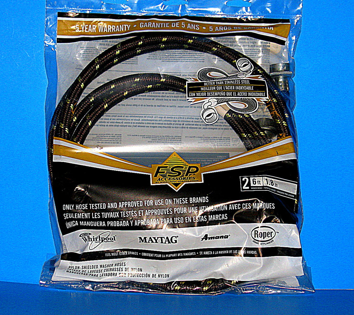 Whirlpool 8212638RP 6ft Nylon Washer Hoses 2-Pack with 90° Elbow