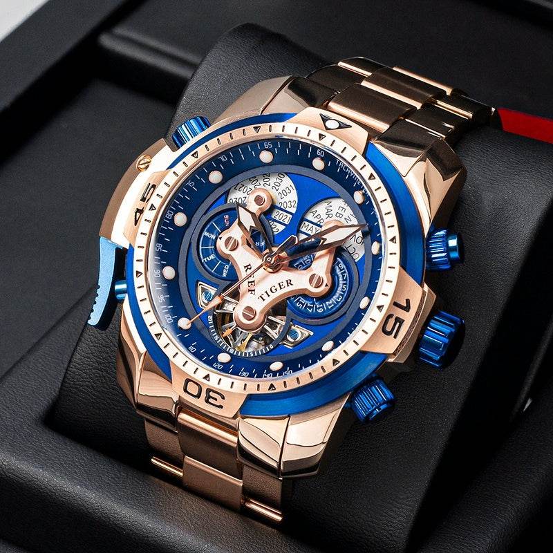 REEF TIGER Designer Sport Mens Watch Rose Gold Date Day Complicated Mechanical Bracelet Watch RGA3503