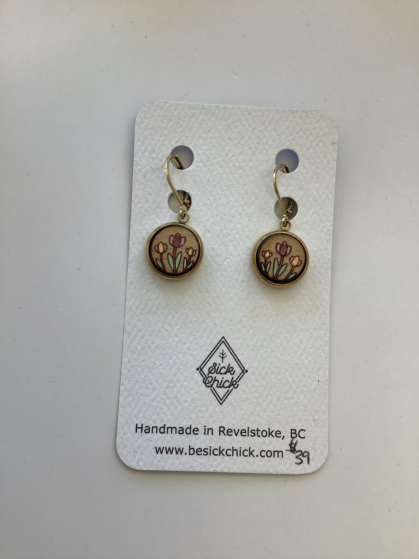 Purple Tulips Wooden Dangle Earrings - Sick Chick (Revelstoke, BC)