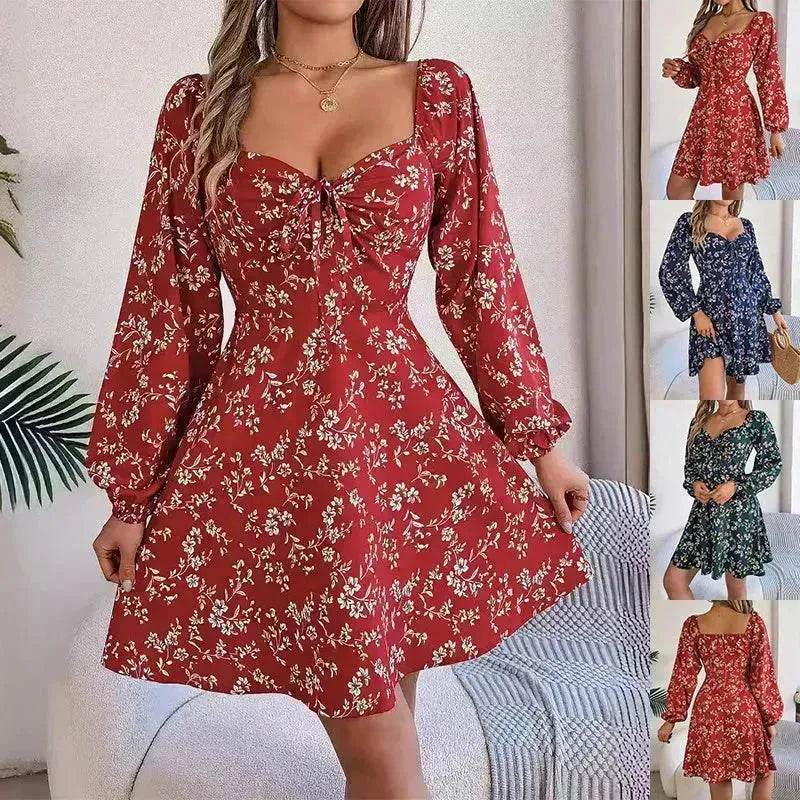 Casual Summer Floral Mini Dress Lantern Sleeve  Skater Dress