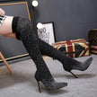 Women's Over-the-Knee Stiletto Boots – Pointed Toe Sparkle Mesh Sock Thigh High Heels
