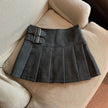Women's American-style Vintage Mini  Pleated Leather Skirt