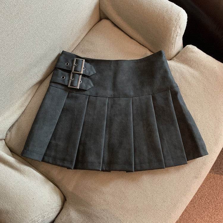 Women's American-style Vintage Mini  Pleated Leather Skirt