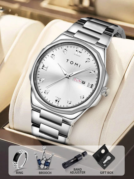 TOMI Diamond Encrusted Quartz Watch for Men – Stainless Steel Dress Watch